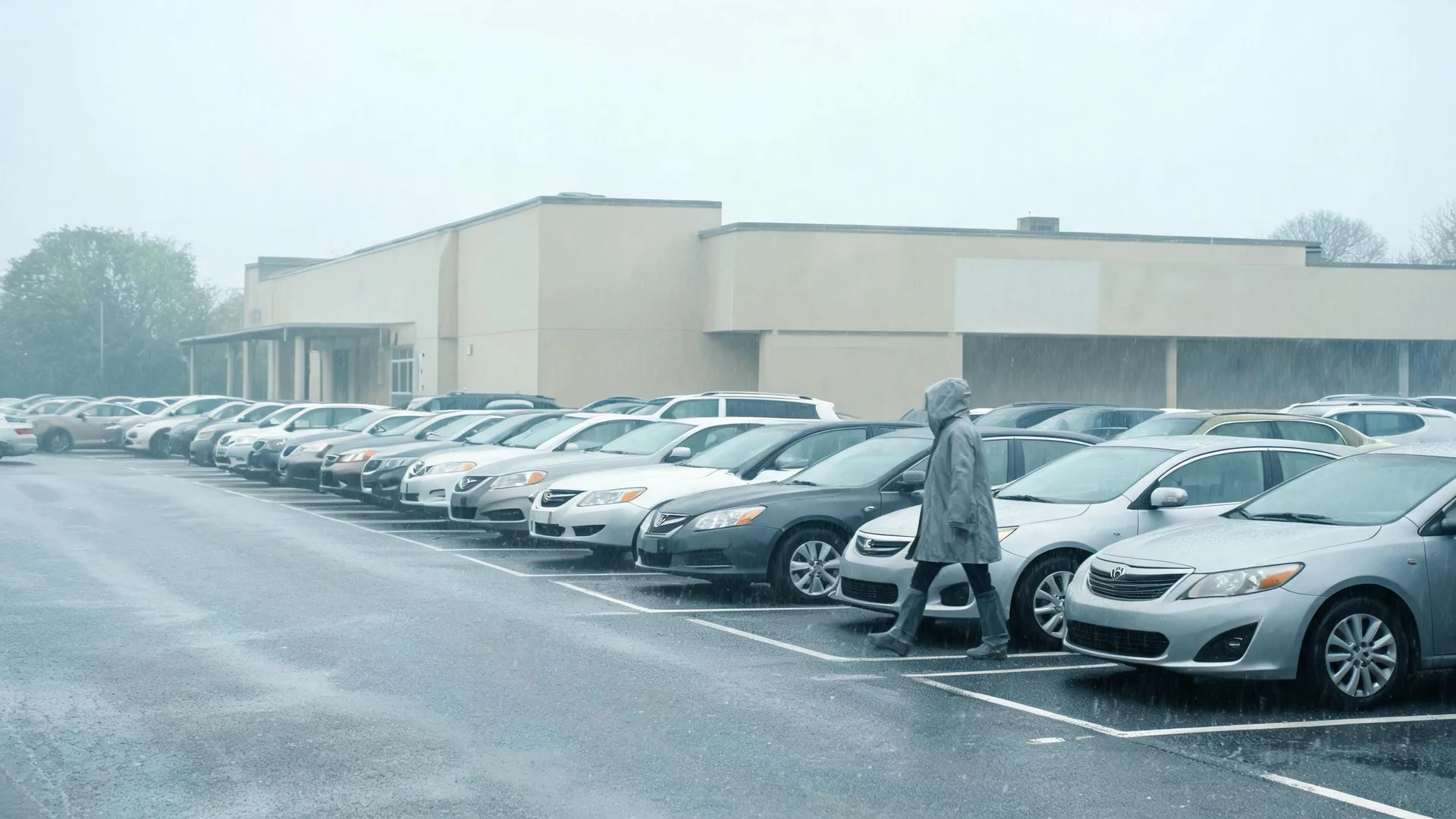 A person in a hooded raincoat walks between rows of parked cars in a parking lot during heavy rain, with a low beige building and overcast sky behind.