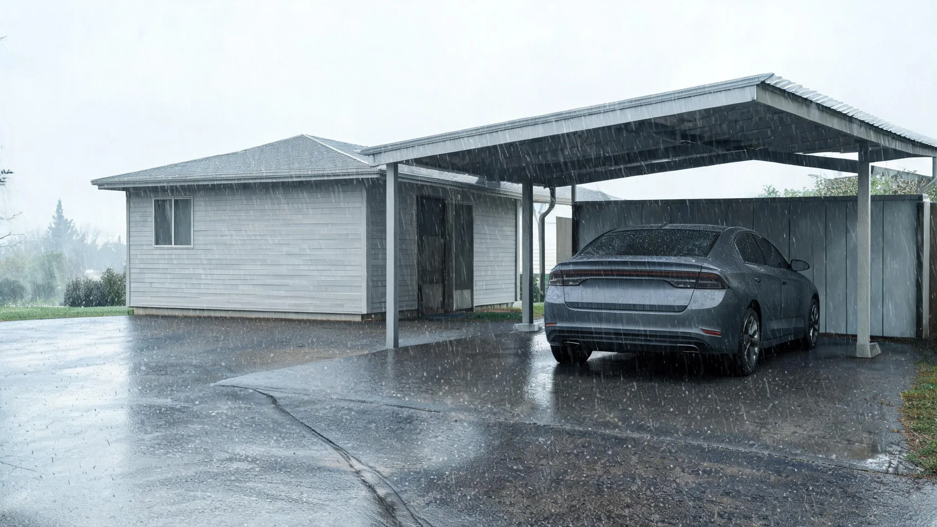 A single-story house with light horizontal siding and an attached open carport, under which a dark gray sedan is parked, during heavy rain on a wet paved driveway.