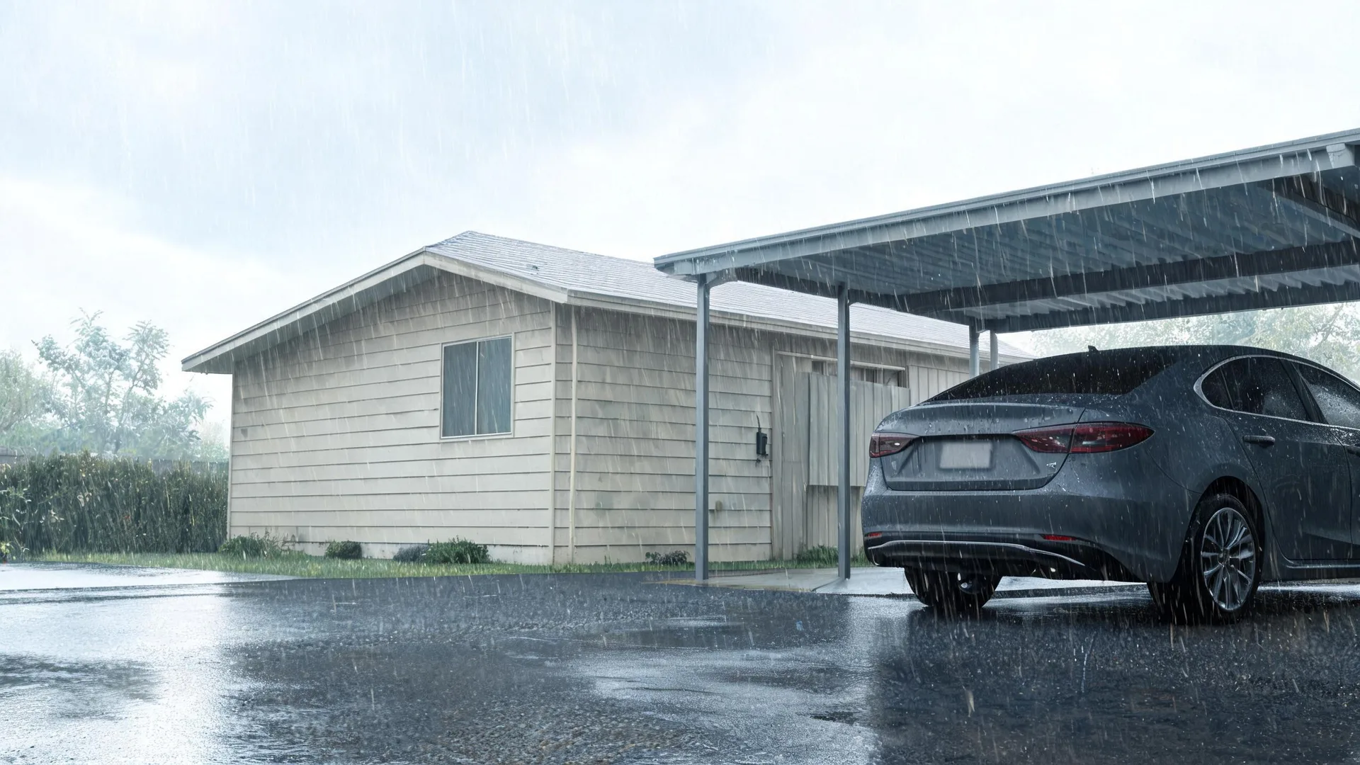 A single-story house with pale horizontal wood siding and a gabled roof beside a metal carport sheltering a dark gray sedan, during heavy rain on wet pavement.