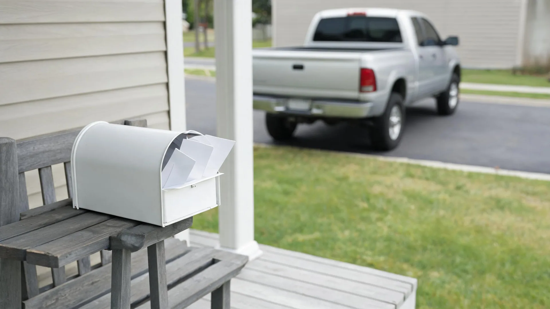 An open white mailbox holding envelopes sits on a weathered wooden bench on a porch with siding and a column, with a blurred silver pickup truck parked by a street beyond a lawn.