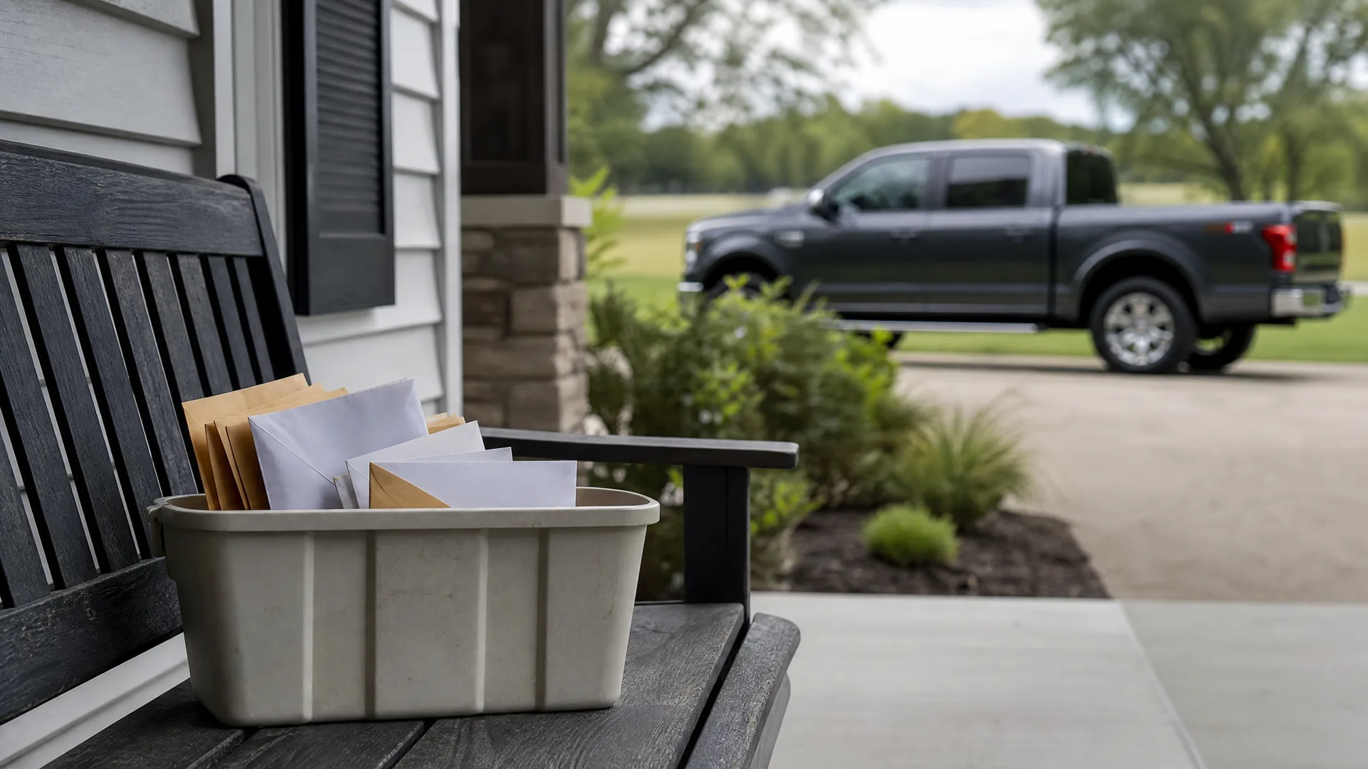 A white plastic bin holding envelopes and padded mailers sits on a dark wooden porch bench beside a sided house, with a dark pickup truck parked on a driveway in the blurred background.