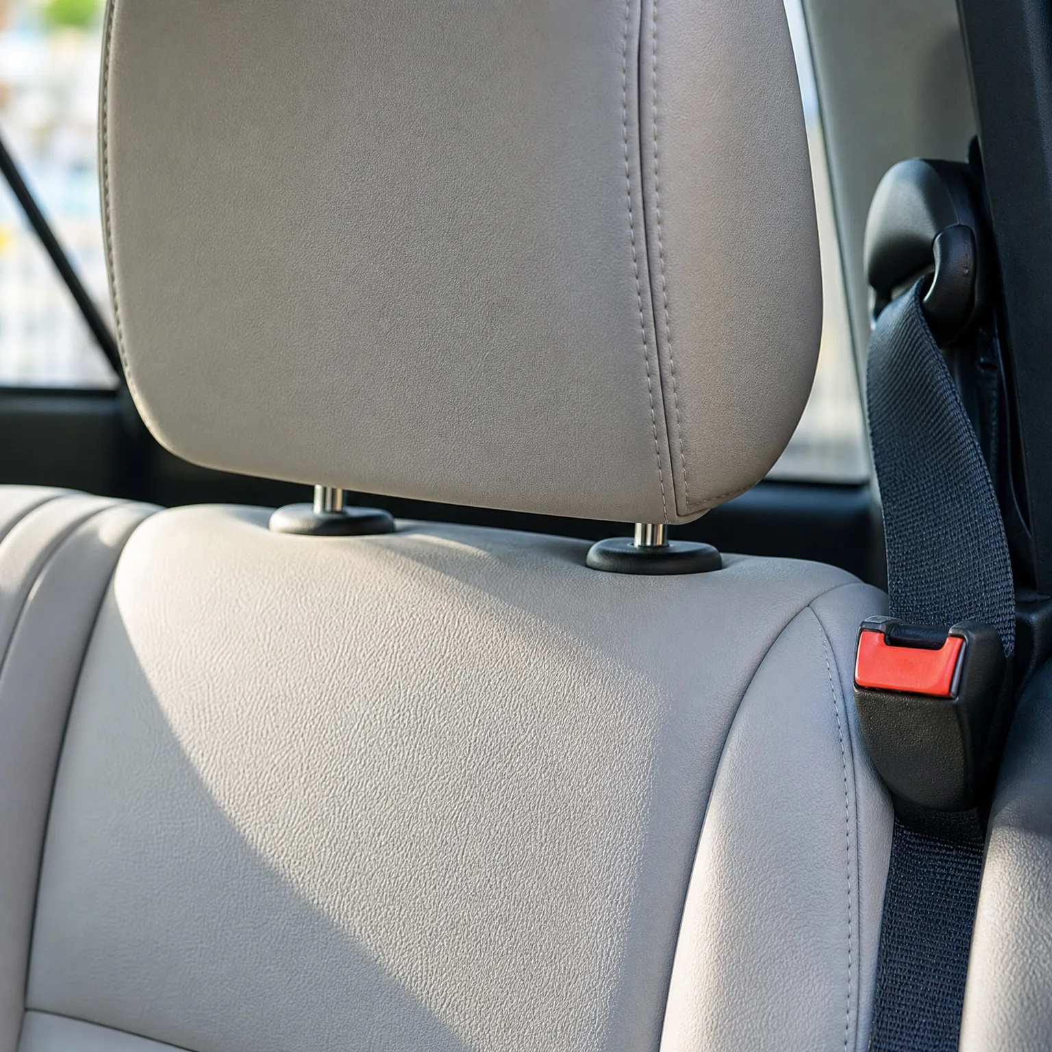 Close-up of a light gray car seat back and headrest with a black seat belt and a red-buttoned buckle receptacle beside the window.