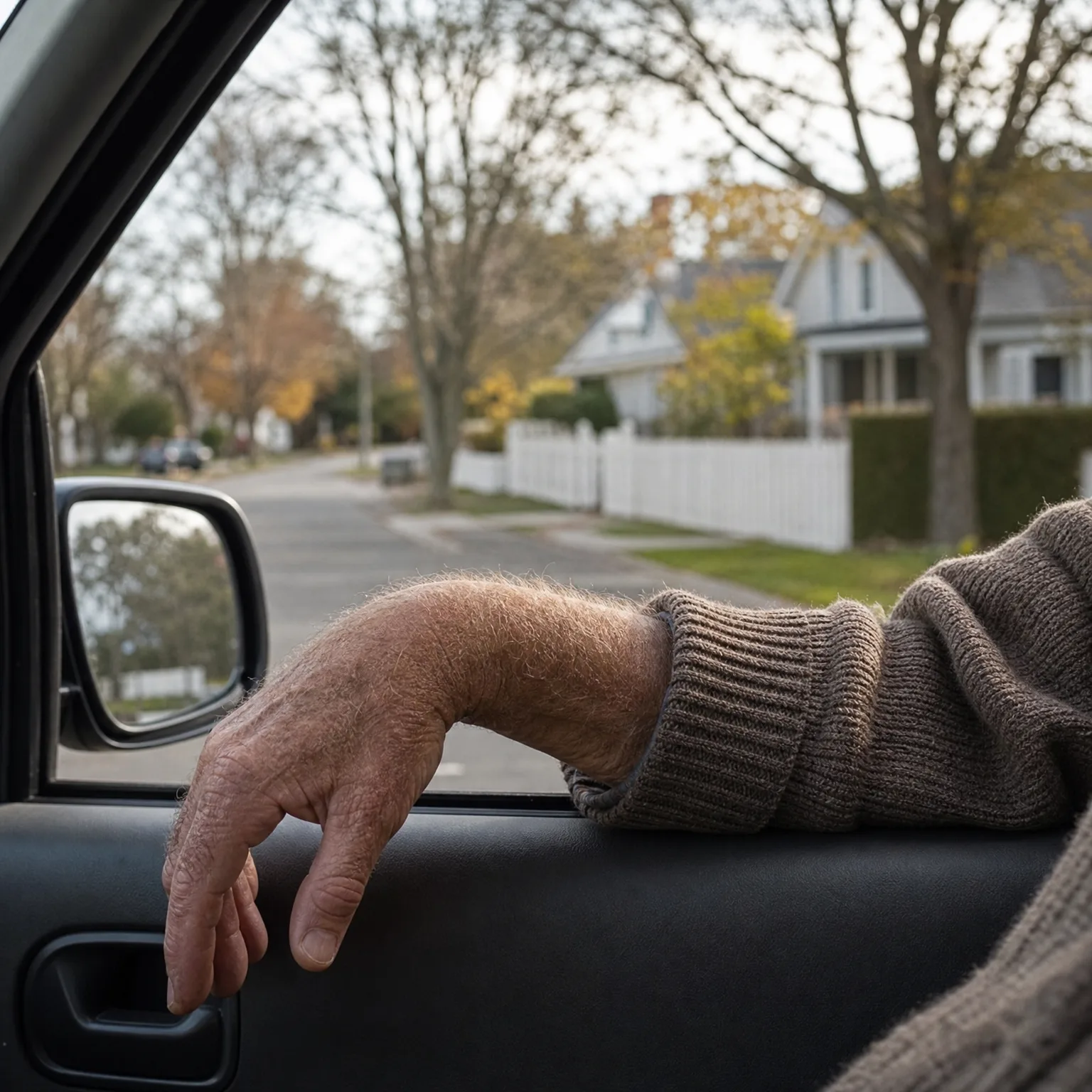 View from inside a vehicle of an older person's arm in a brown knit sweater resting on the open window sill, with a residential street, white picket fence, houses and autumn trees beyond.