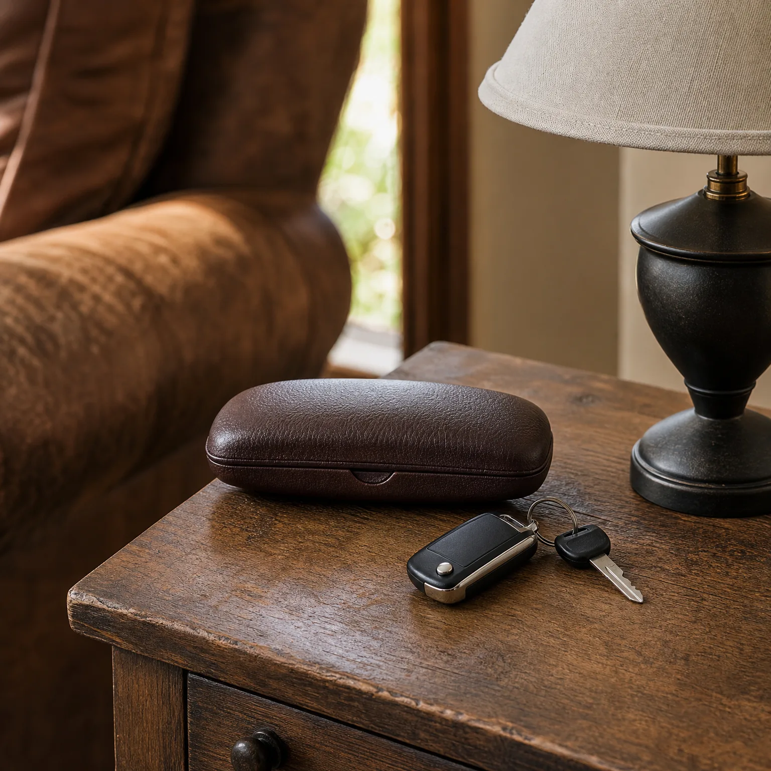 A brown leather eyeglass case and a set of car keys with a flip-style fob rest on a wooden side table beside a dark lamp base, with a brown leather armchair and a window behind.