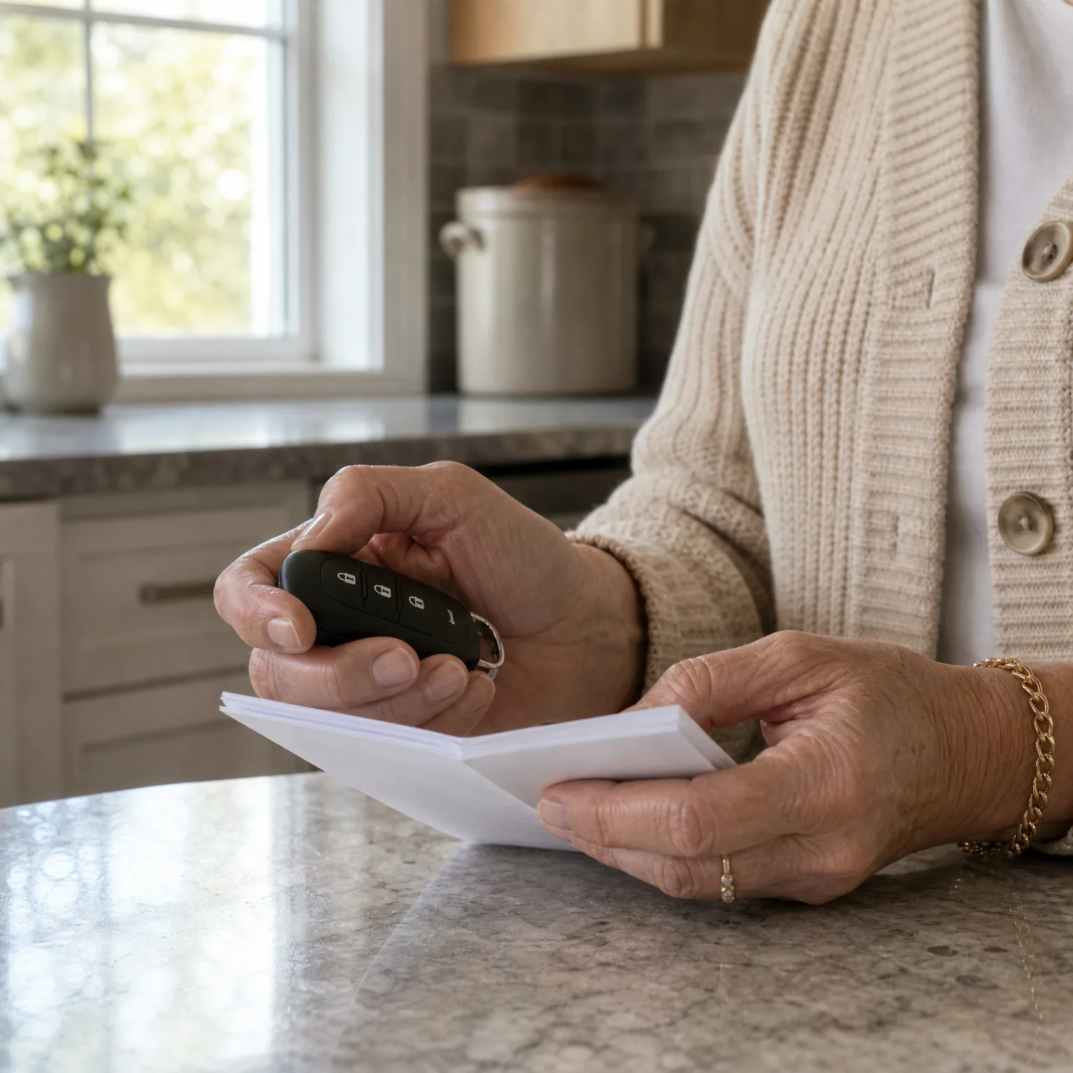 A person in a cream knit cardigan stands at a granite countertop holding a black car key fob in one hand and a folded white paper or envelope in the other, with a blurred kitchen window and canister behind.