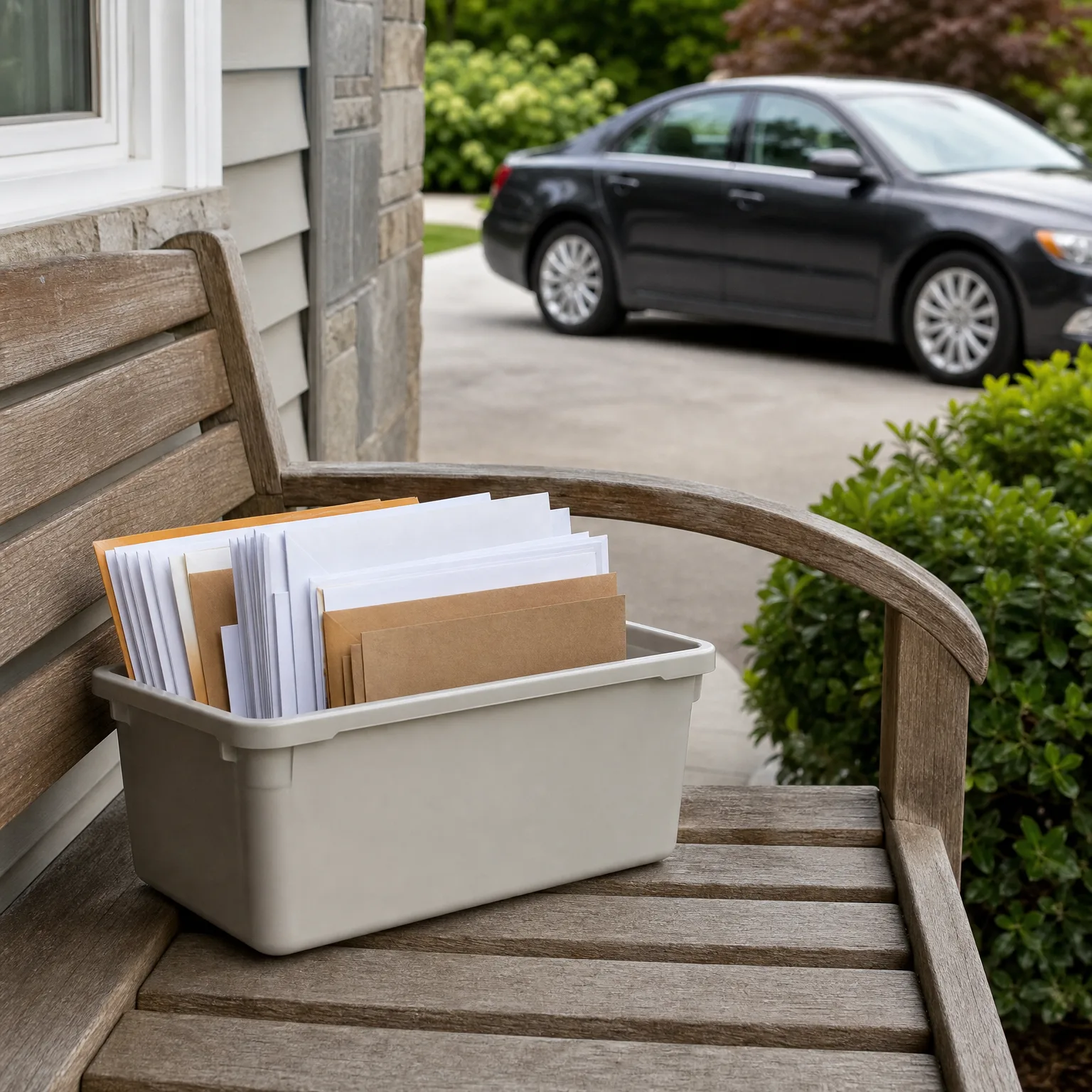 A light gray plastic bin filled with white and brown envelopes sits on a weathered wooden bench beside a house, with a dark sedan parked on a driveway in the background.