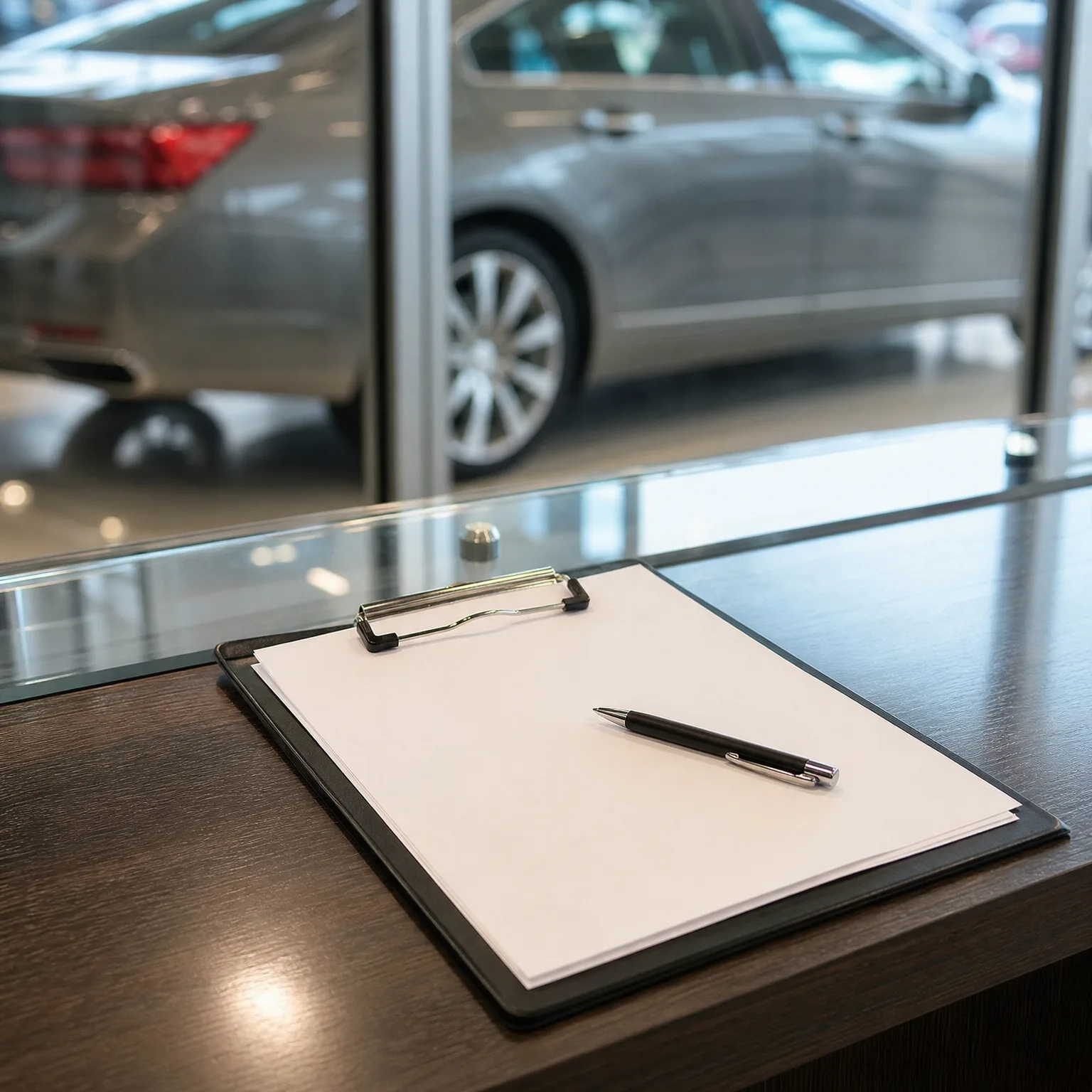 A clipboard with blank white paper and a black pen rests on a dark wood counter, with a silver sedan visible through a glass partition in the blurred background.