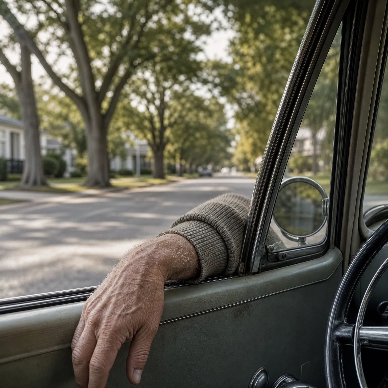 View from inside an older car showing a person's arm in a knit sweater resting on the open door window, with a tree-lined residential street and houses beyond.