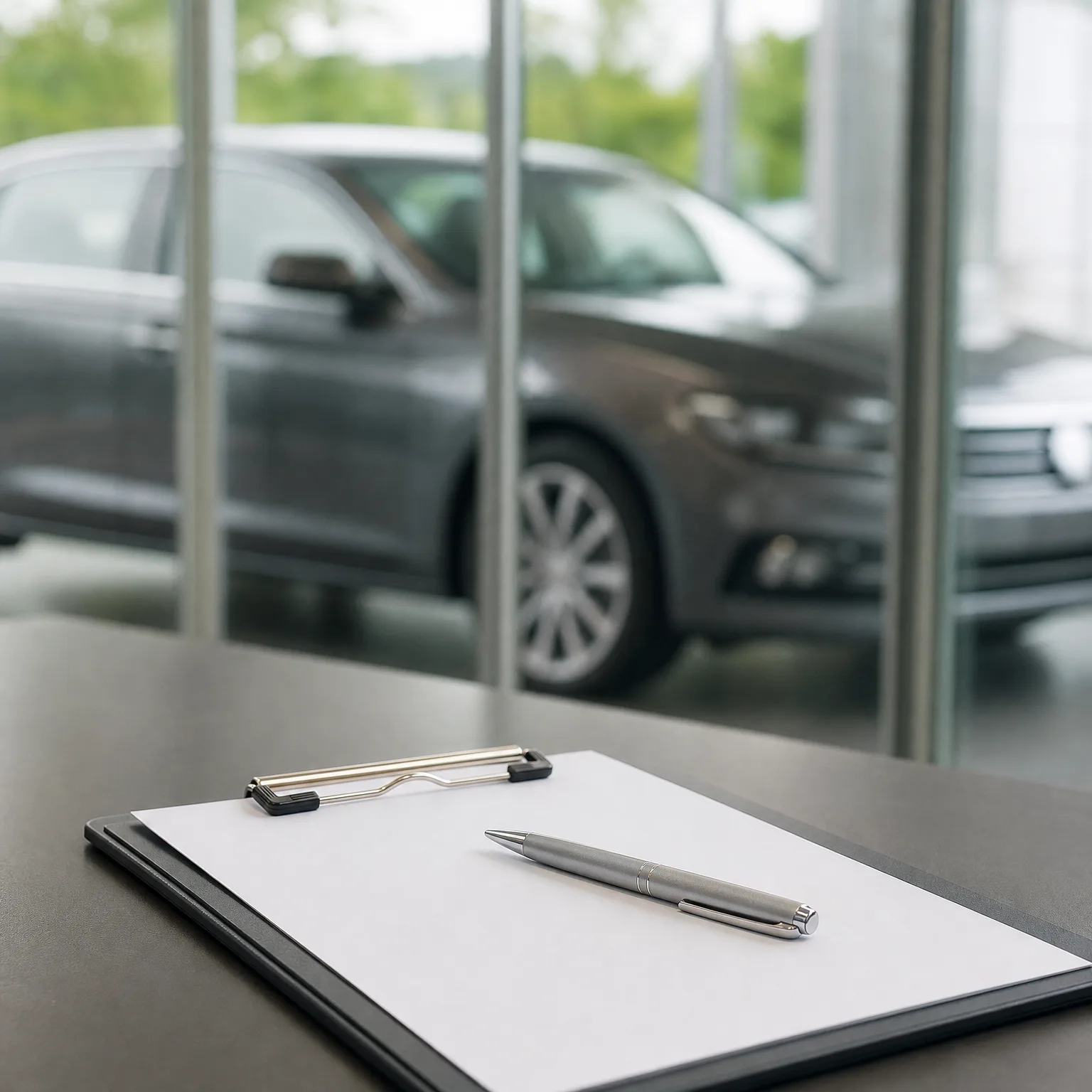 A clipboard with blank white paper and a silver ballpoint pen rests on a dark table in front of a glass wall, behind which a gray car is parked.