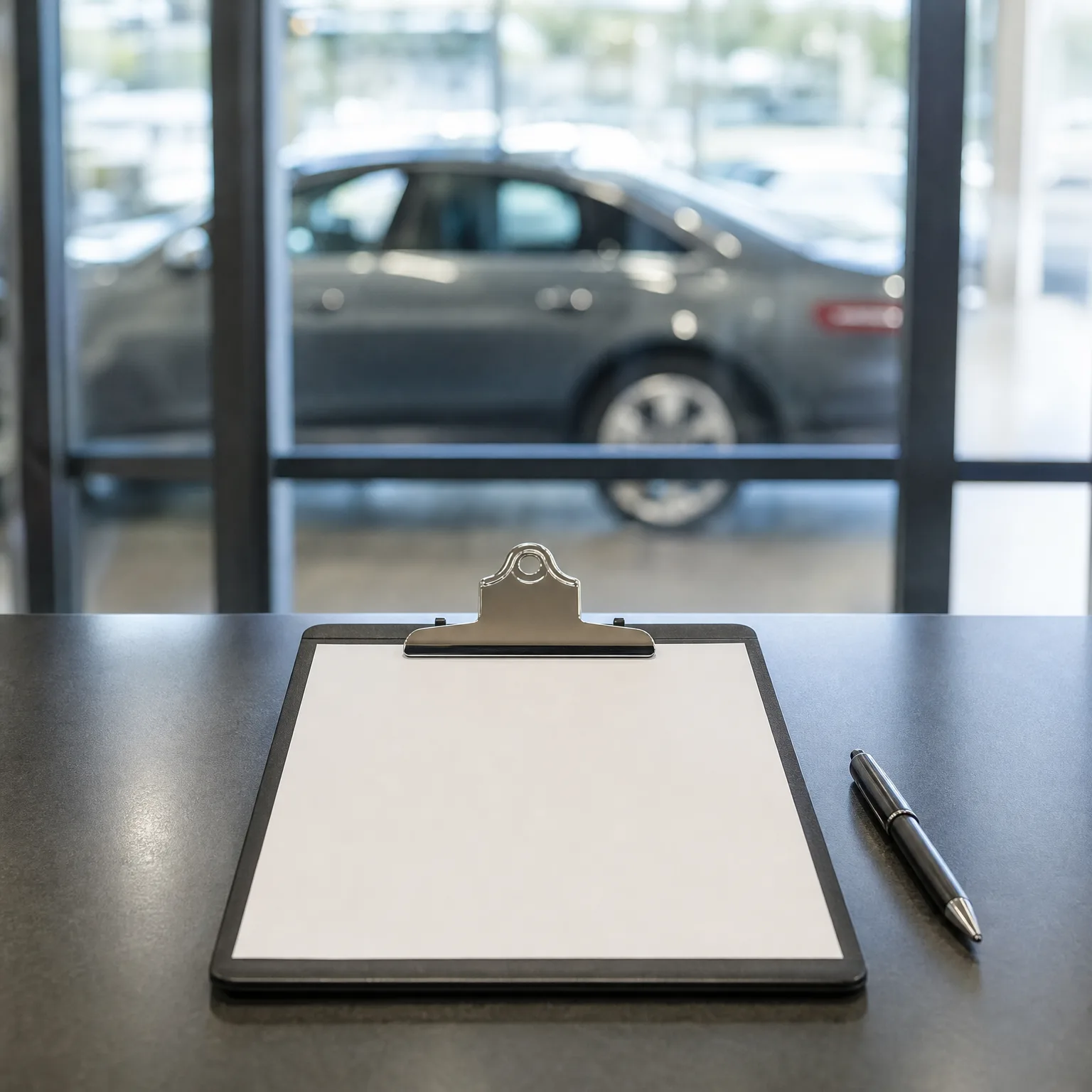 A clipboard with a blank sheet of paper and a pen on a dark countertop, with a blurred dark sedan behind a glass window in the background.