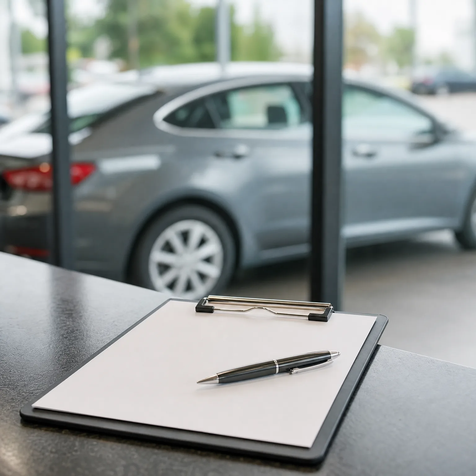 A black clipboard holding a blank sheet of paper with a pen resting on it, placed on a dark countertop in front of a window showing a blurred gray car.