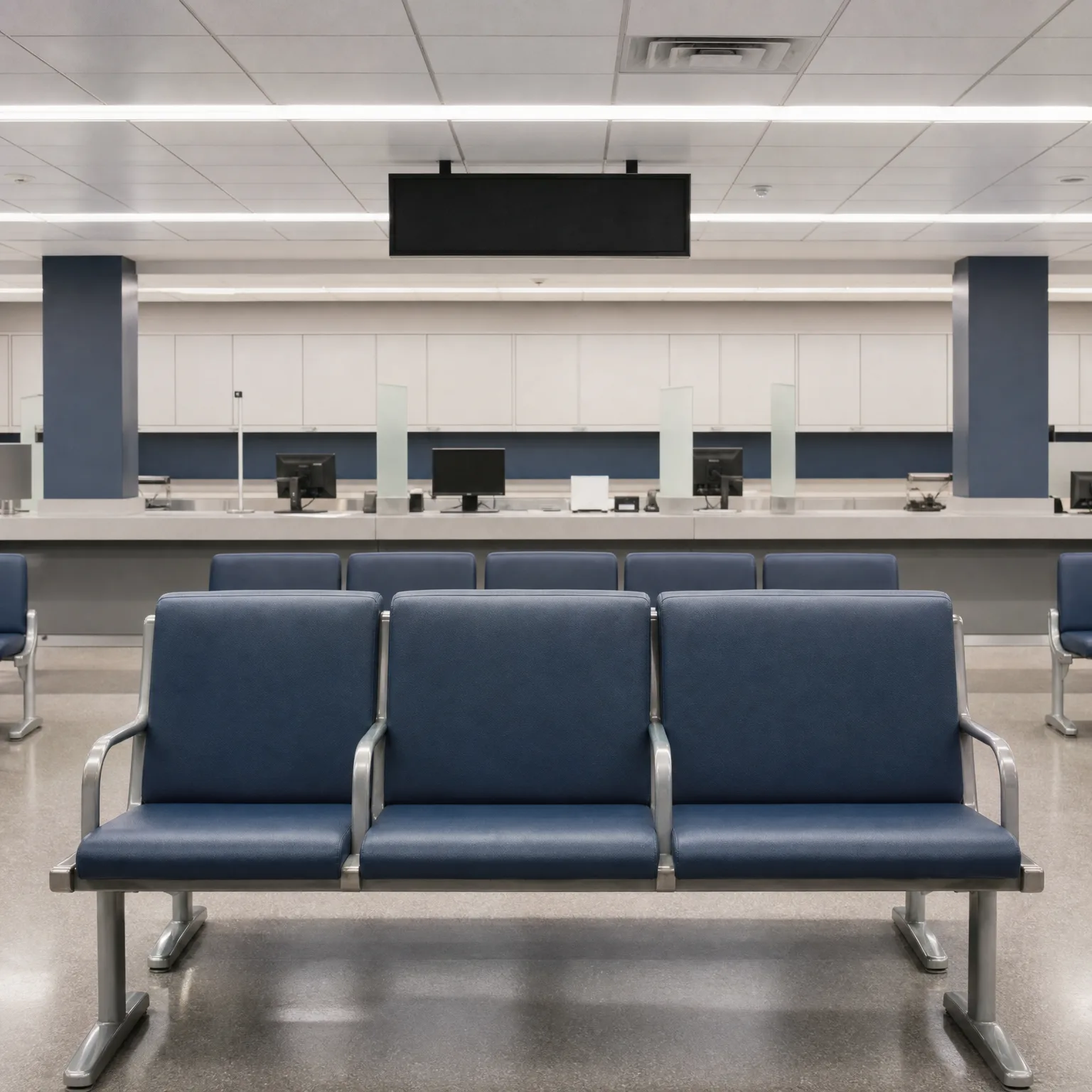 Empty waiting area with rows of blue upholstered beam seating facing a long white service counter holding monitors, under a suspended blank black display panel and a drop ceiling with linear lights.