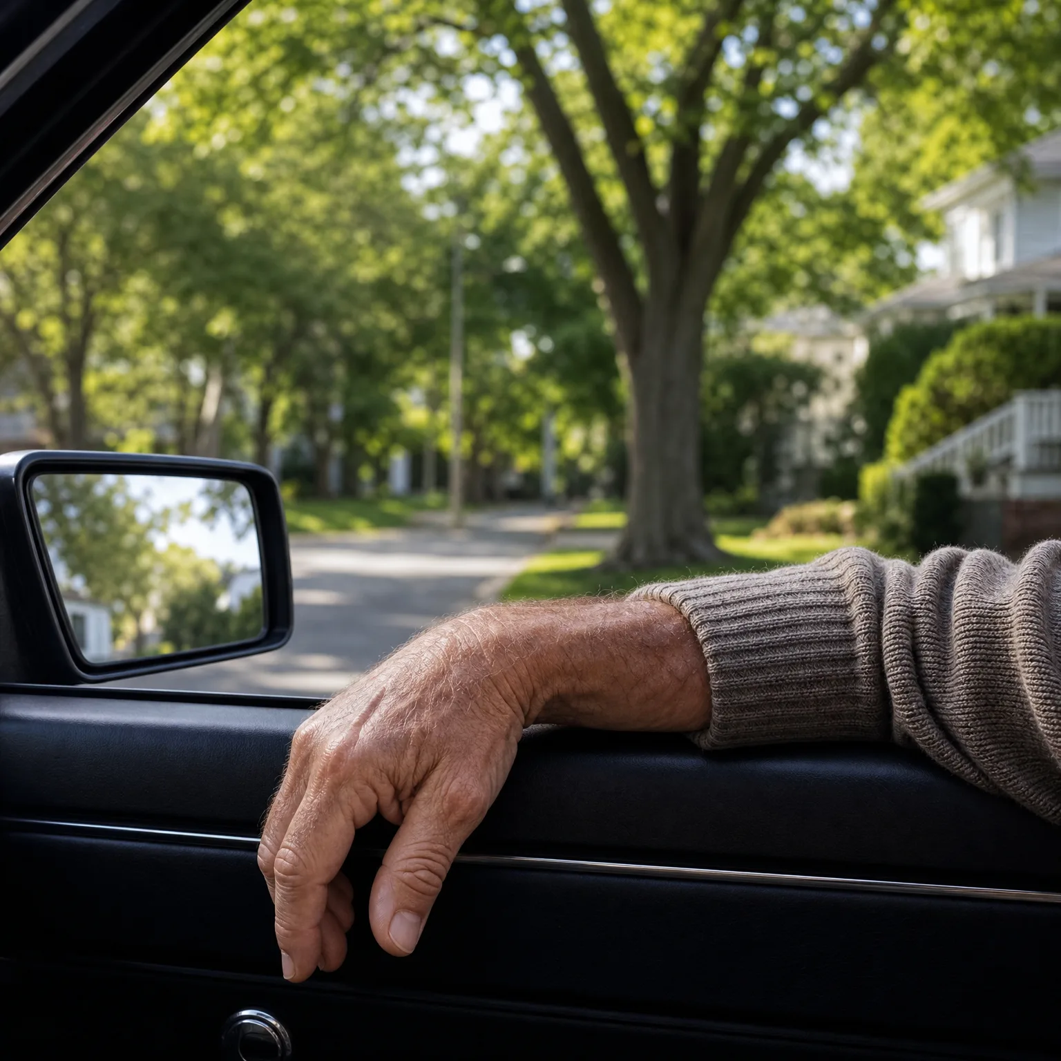 View from inside a car of an older person's arm in a knit sweater resting on the open window sill, with a side mirror and a tree-lined street with houses beyond.