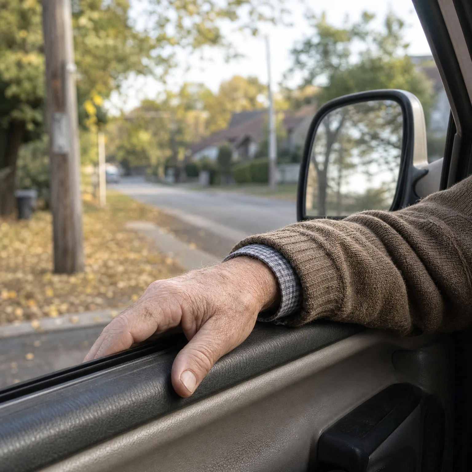 View from inside a vehicle of a person's hand and sweater-covered forearm resting on the open window sill, with a side mirror, a paved road, trees and fallen yellow leaves beyond.