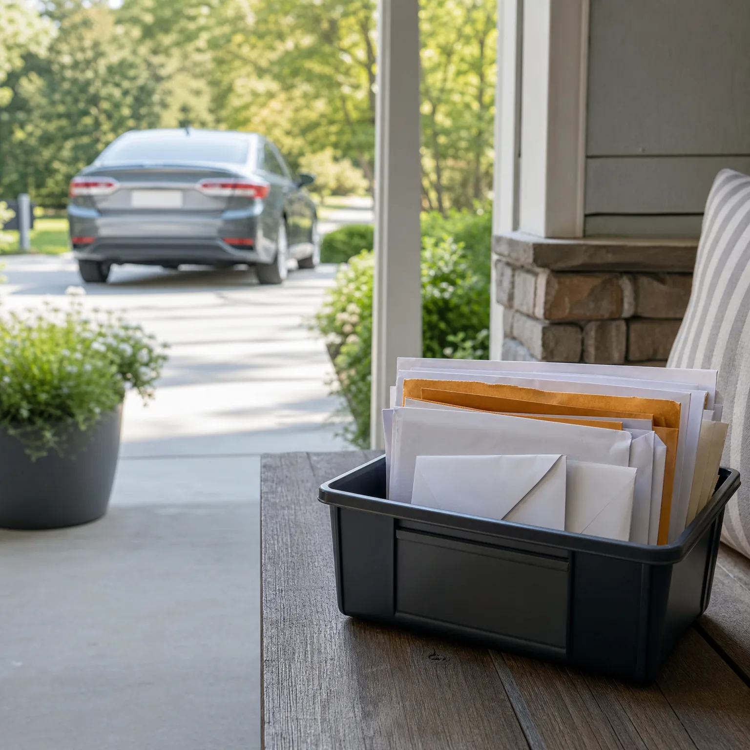 A black plastic bin filled with white and manila envelopes sits on a weathered wooden table on a covered porch, with a gray sedan parked on a driveway in the blurred background.