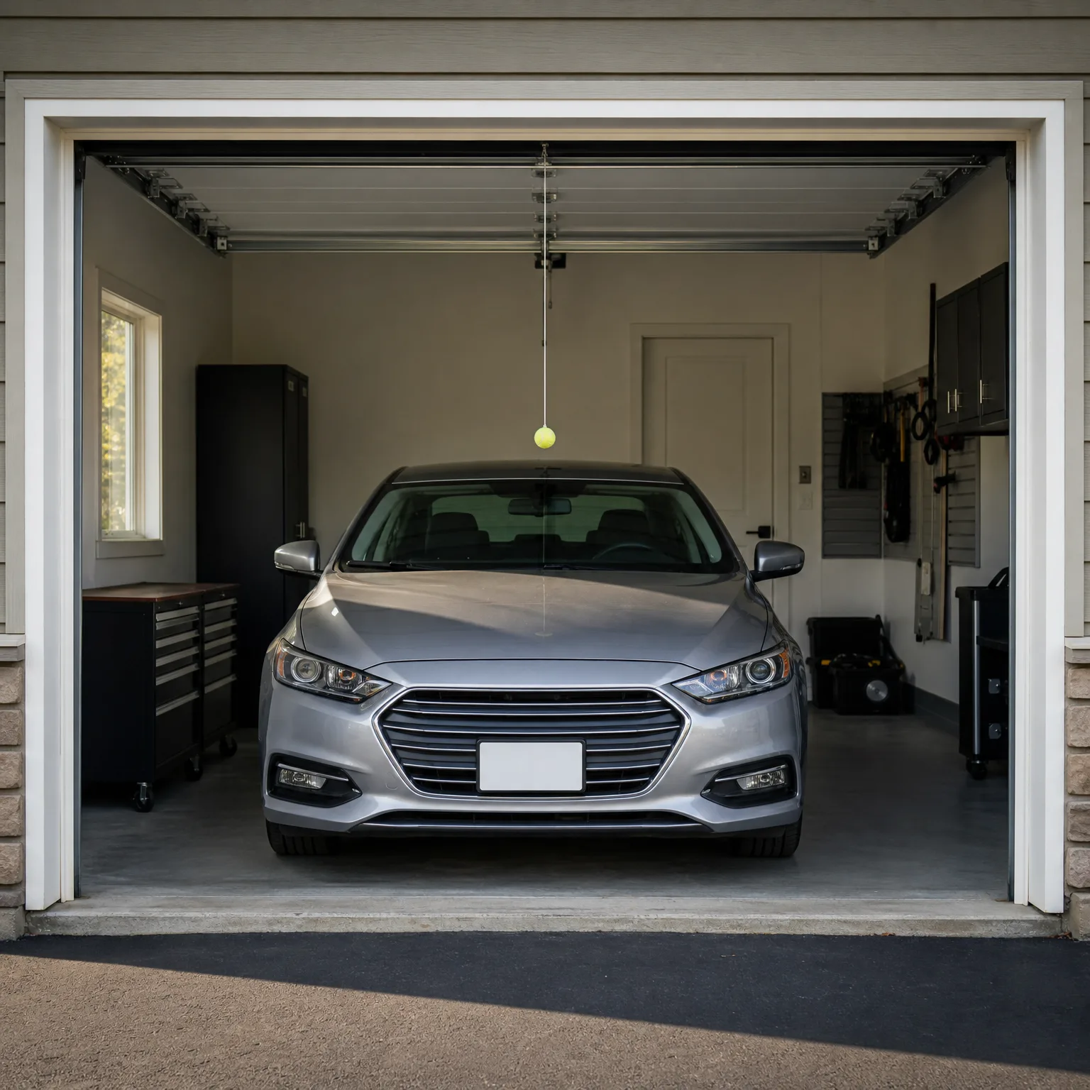 A silver sedan parked inside an open single-car garage, with a tennis ball hanging from a string near the windshield, black storage cabinets and a tool chest along the walls, and a paved driveway in the foreground.