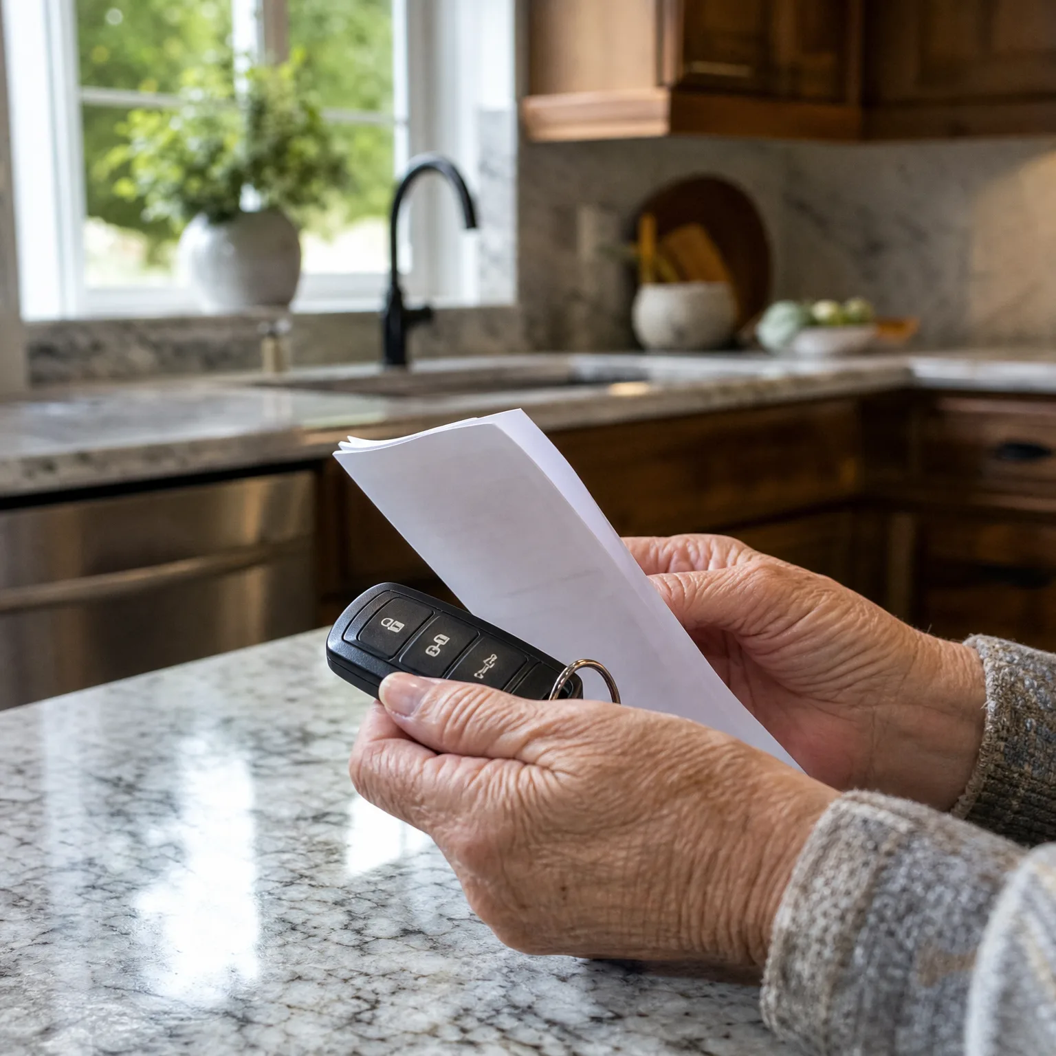 A person's hands hold a black car key fob and a folded white paper document over a granite kitchen counter, with a sink, faucet, window and wooden cabinets behind.