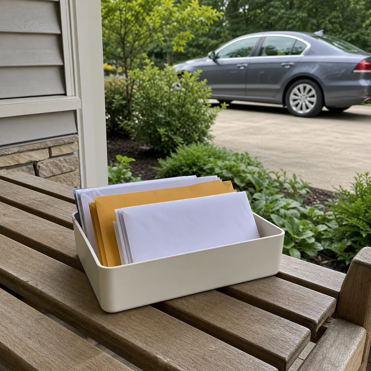 A white plastic bin filled with white and manila envelopes sits on a weathered wooden bench on a porch, with shrubs and a gray sedan parked on a driveway in the background.