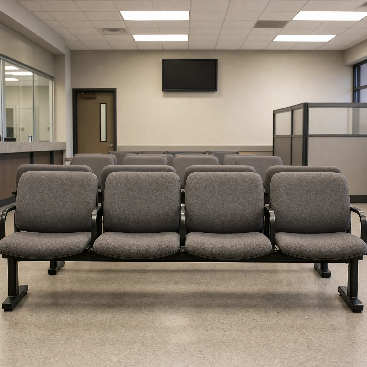 Rows of gray upholstered beam-mounted chairs in an empty waiting room with a tiled drop ceiling, wall-mounted flat-screen monitor, a door, glass reception window, and office partition panels.