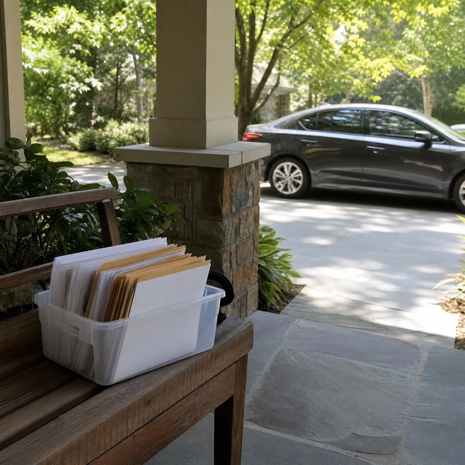 A clear plastic bin filled with white and manila envelopes sits on a wooden bench on a covered porch with a stone-based column, with a dark gray sedan parked on a stone driveway beyond.