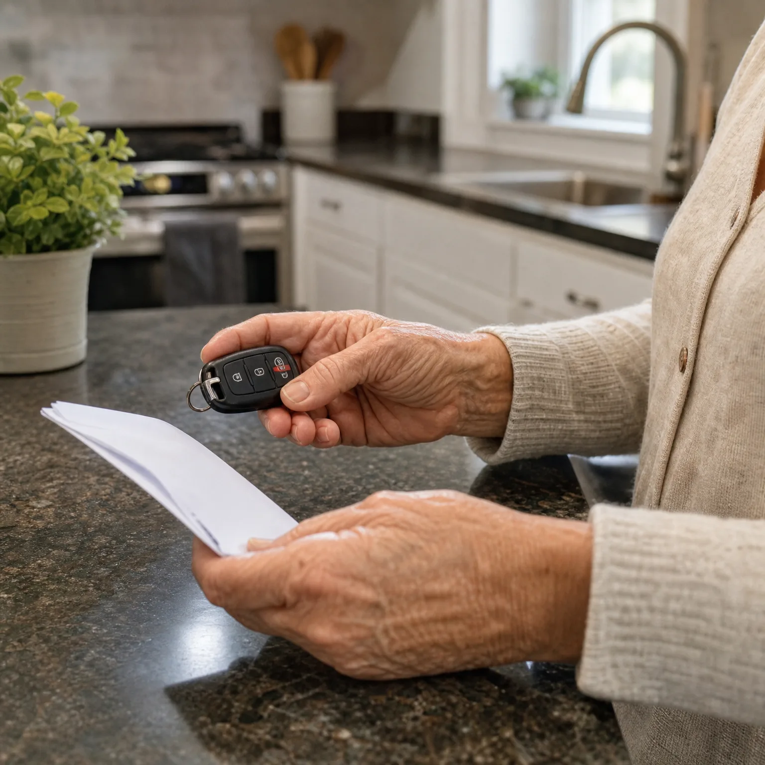 Close-up of an older person's hands at a granite kitchen counter, holding a black car key fob in one hand and white papers in the other.