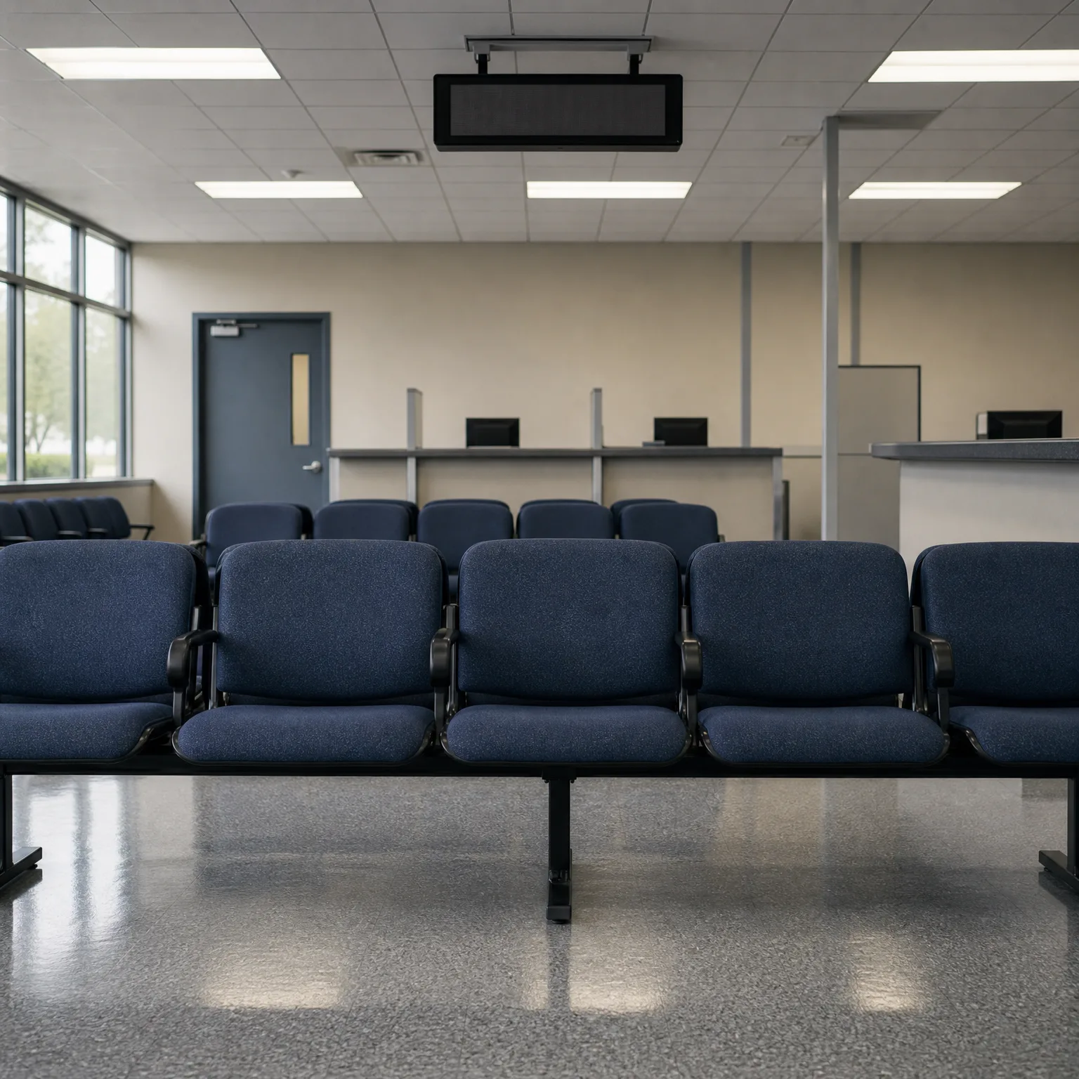 Empty waiting area with rows of dark blue upholstered beam-mounted chairs on a polished speckled floor, with a service counter, monitors, a door and a blank hanging sign under a suspended ceiling with fluorescent lights.