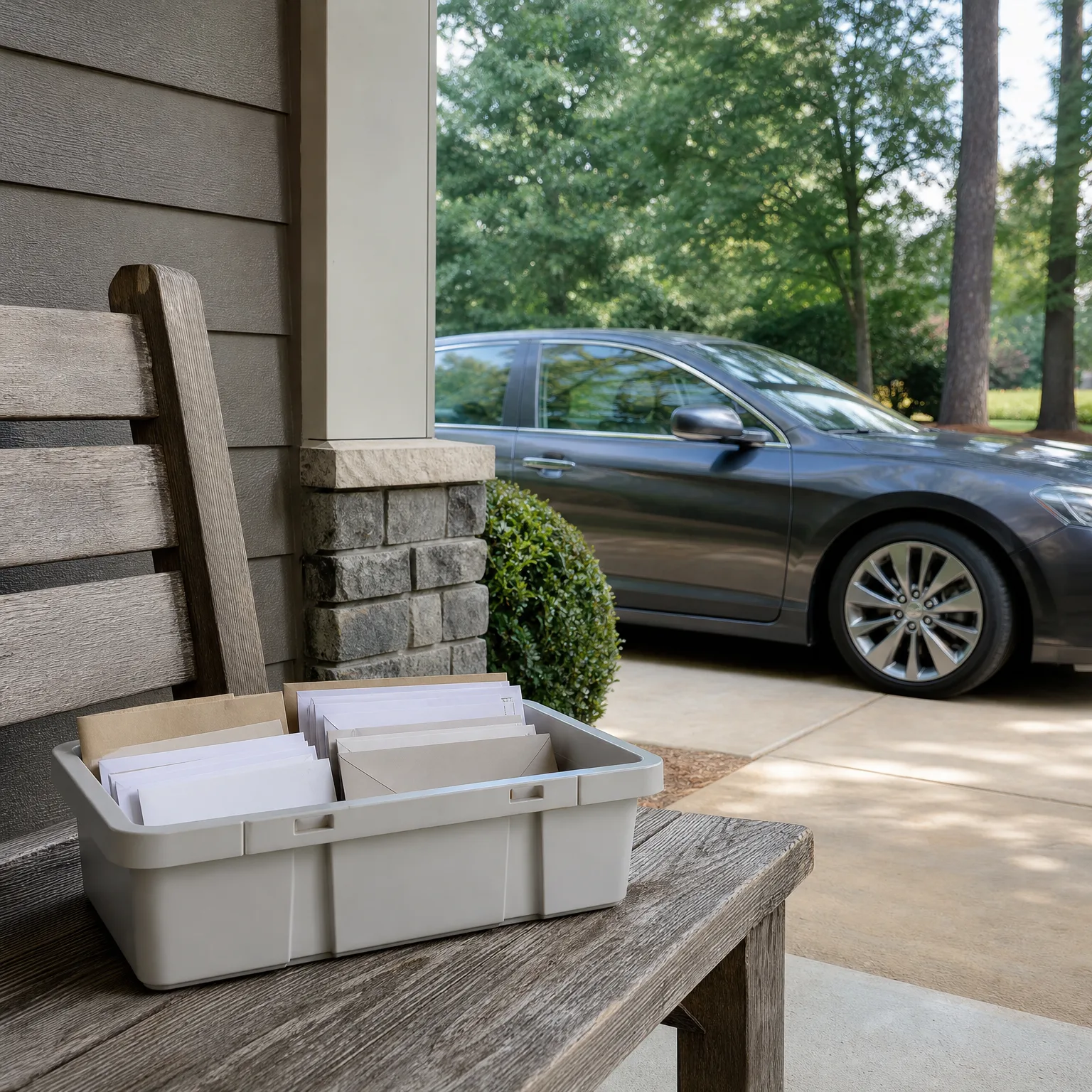 A gray plastic bin holding upright white envelopes and a manila envelope sits on a weathered wooden bench on a covered porch, with a dark sedan parked on a driveway and trees in the background.