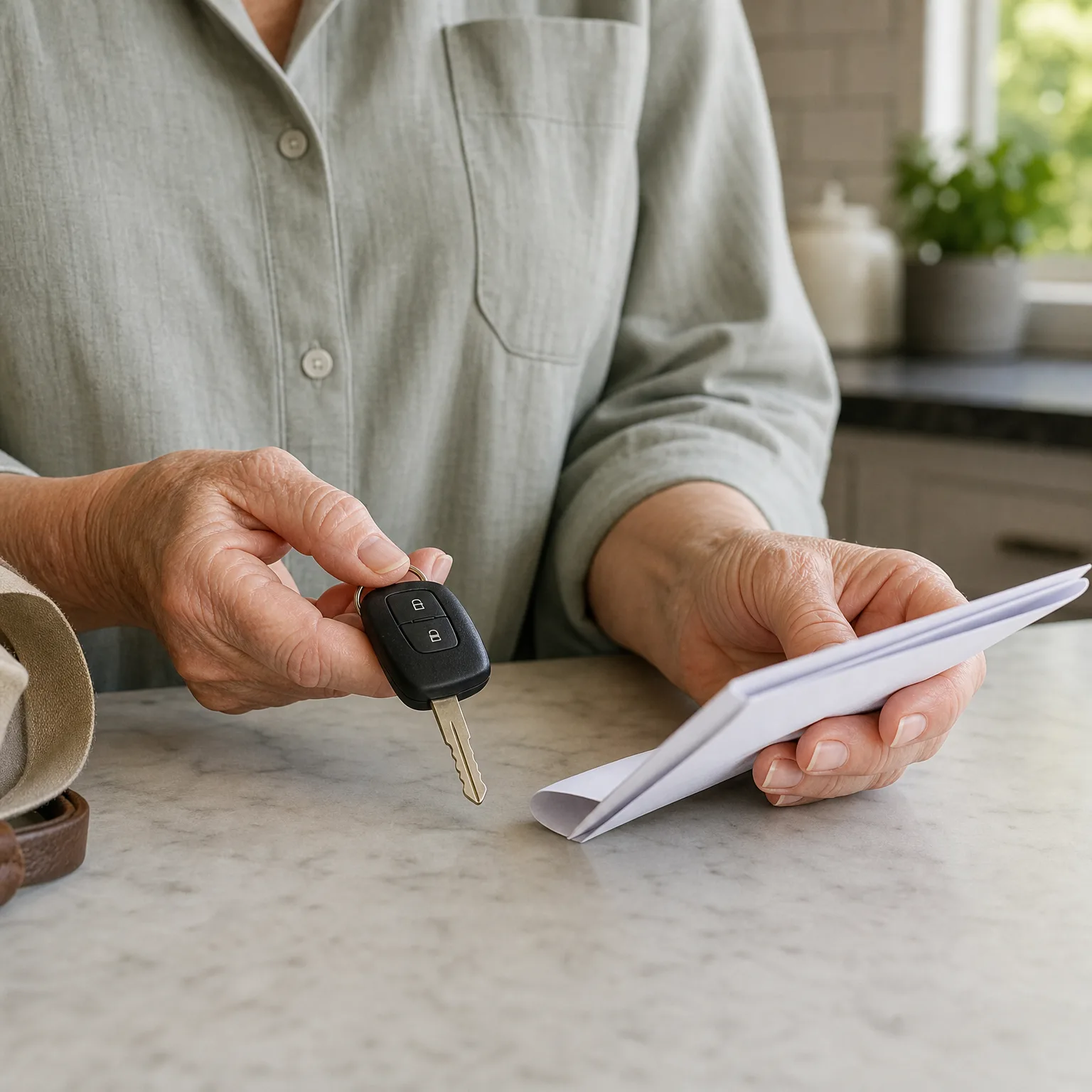 Close-up of an older person's hands at a marble counter, one holding a car key with black fob and the other holding a folded white envelope or paper, with a blurred kitchen and potted plant behind.