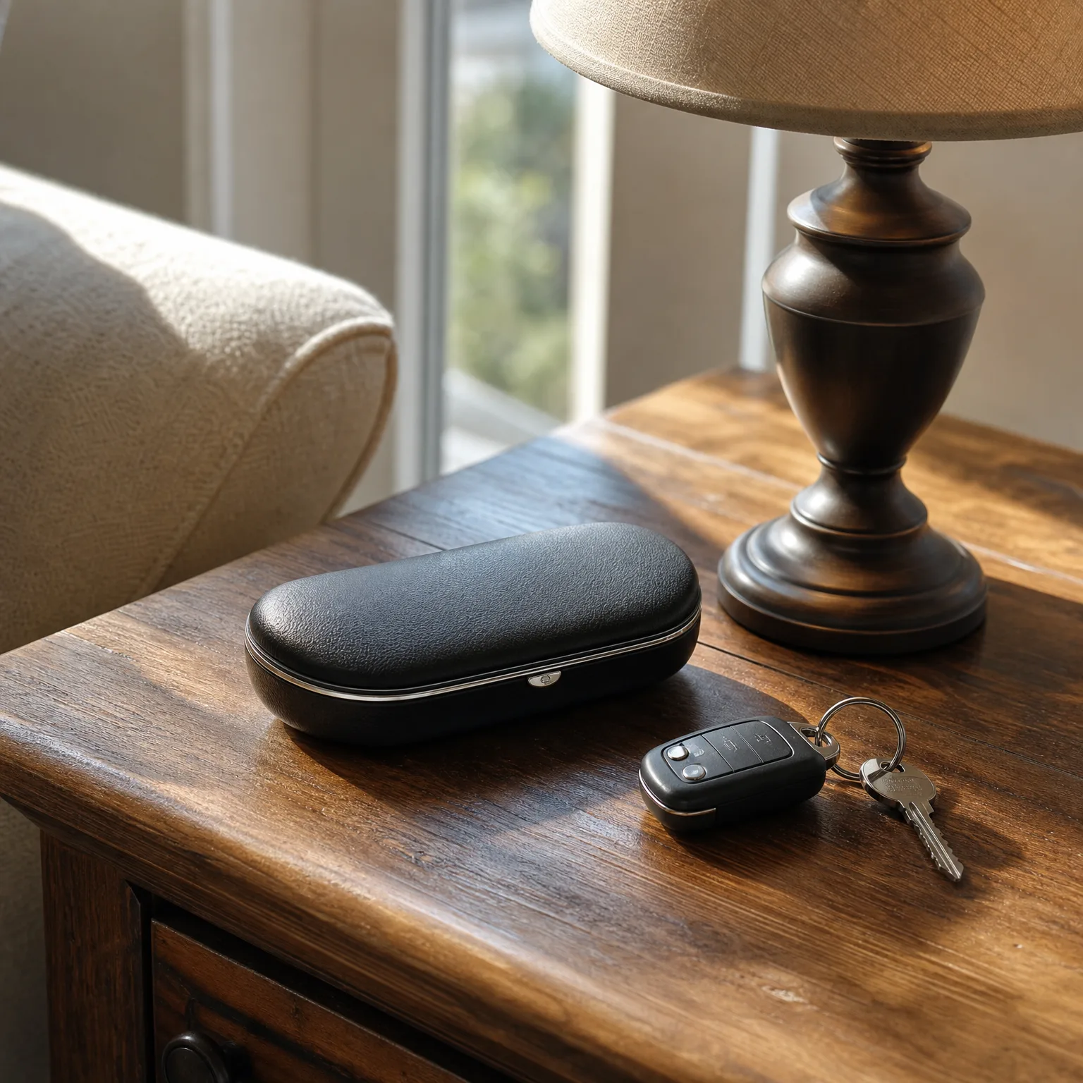 A black hard eyeglass case and a car key fob with a key on a ring rest on a wooden side table beside a dark metal lamp base, with a sofa arm and window in the background.