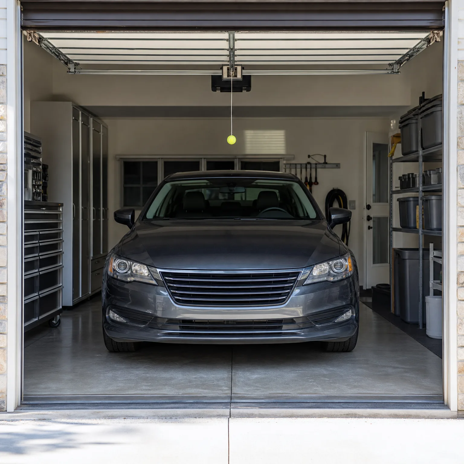 A gray sedan parked inside an open garage with a ceiling-mounted door opener, a tennis ball hanging on a string, metal shelving with bins on the right, and tool cabinets on the left.