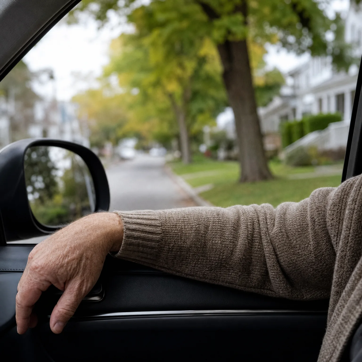 View from inside a car of a person's arm in a brown knit sweater resting on the open driver's-side window, with a side mirror, tree-lined street and houses blurred in the background.