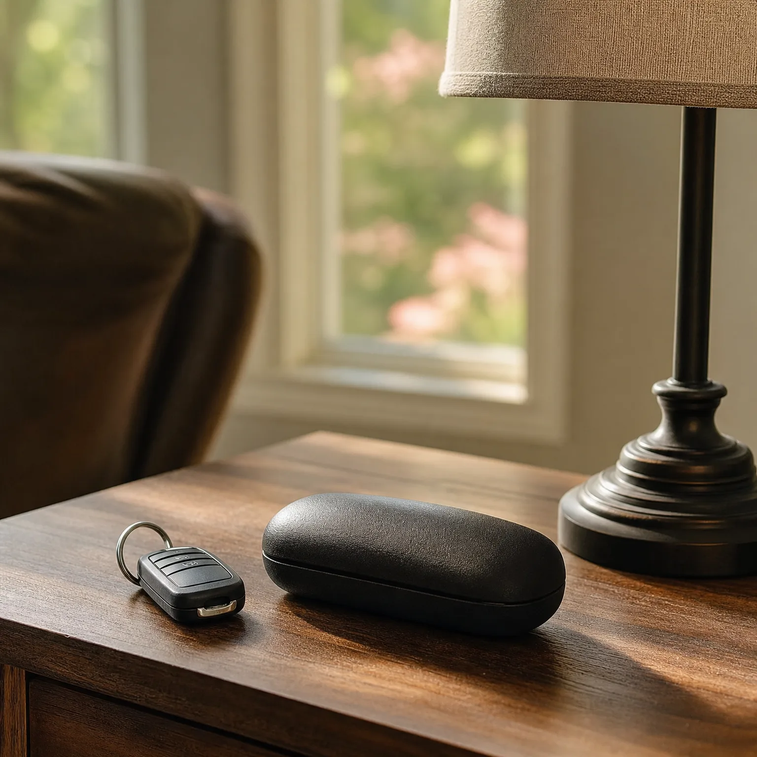 A closed black eyeglass case and a car key fob with a keyring rest on a wooden side table beside a lamp base, with a window and leather chair blurred in the background.