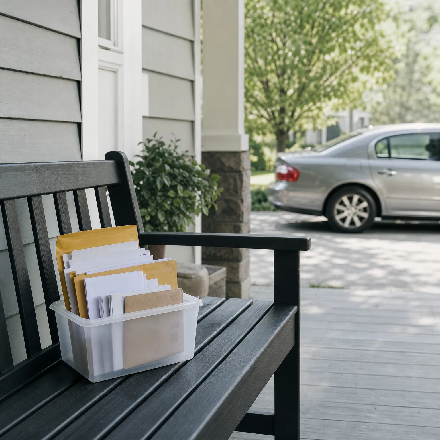 A clear plastic bin holding envelopes and padded mailers sits on a dark bench on a covered porch, with a silver sedan parked in a driveway beyond.