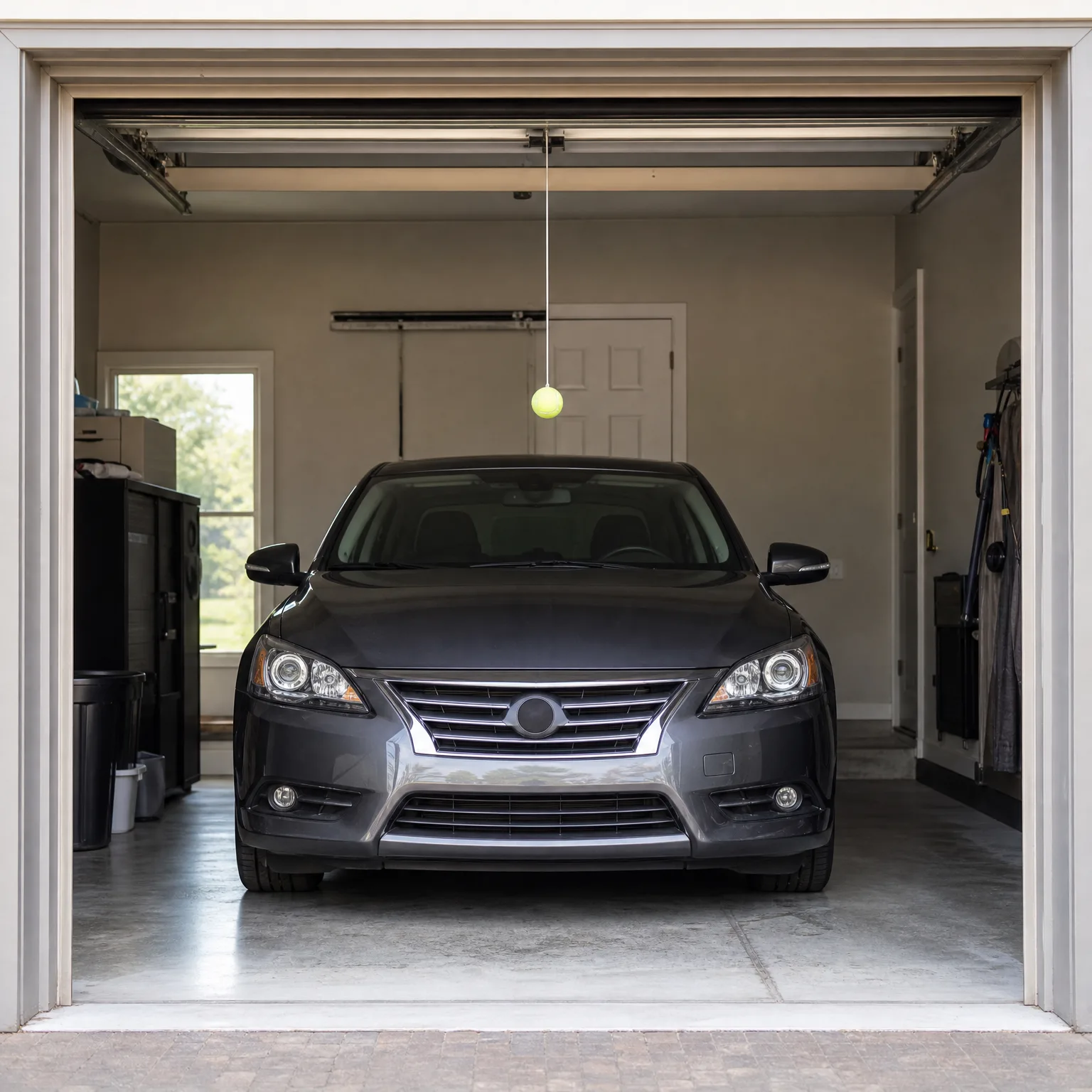 A dark gray sedan parked inside an open garage, with a tennis ball hanging from a string attached to the ceiling above the hood.