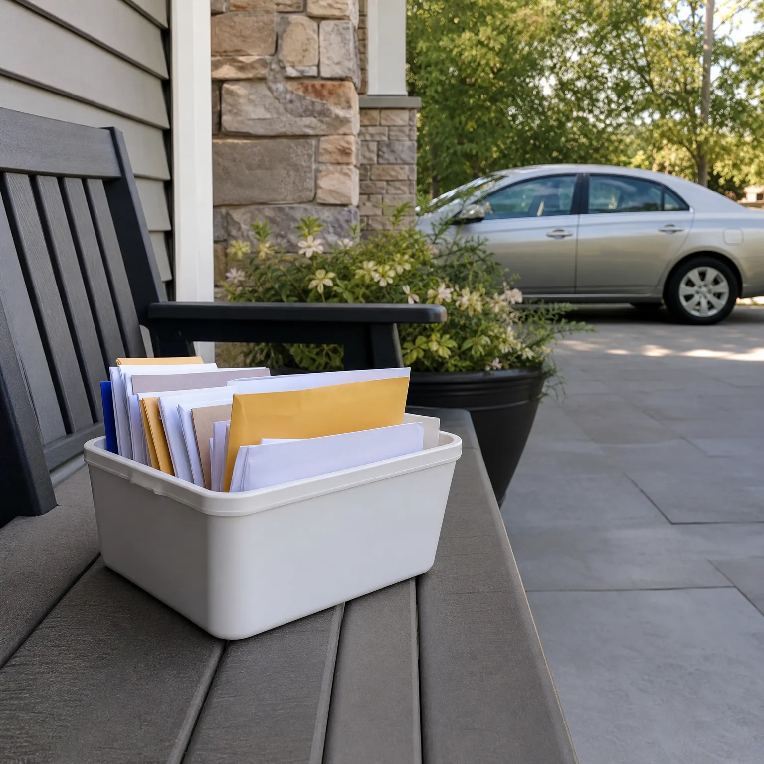 A white plastic bin filled with envelopes and mail sits on a gray porch bench beside a dark chair, with stone and lap siding behind and a silver sedan parked on a paved driveway in the background.