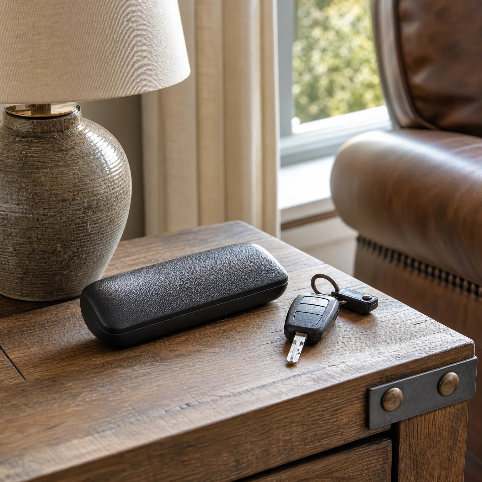 A black textured hard eyeglass case and a car key with a fob on a keyring rest on a rustic wooden side table beside a ceramic lamp base, with a leather armchair and window in the background.