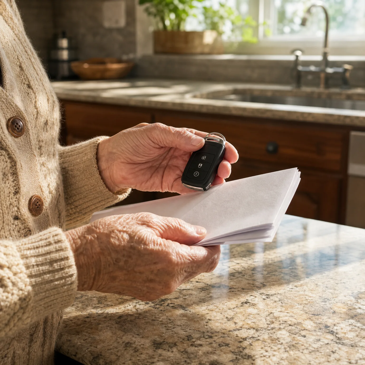 Close-up of an older person's hands holding a black car key fob and a folded stack of white papers over a granite kitchen counter, with a sink and window behind.