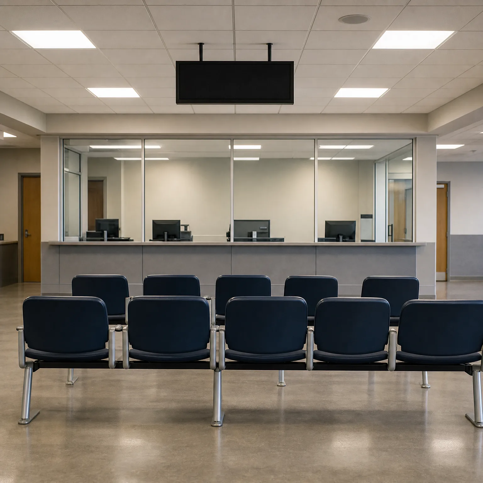 An empty waiting area with rows of dark blue beam-mounted chairs facing a glass-fronted service counter, under a suspended ceiling with recessed lights and a blank overhead display screen.