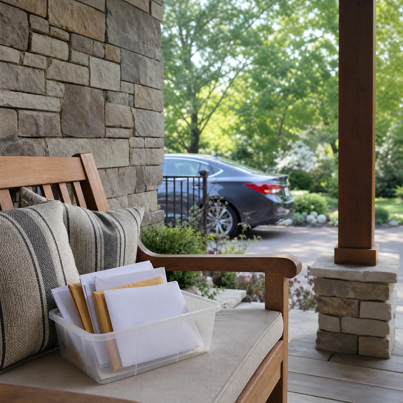 A clear plastic bin holding white and manila envelopes sits on a cushioned wooden bench with striped pillows on a covered stone-clad porch, with a dark sedan parked in a driveway and green trees in the background.
