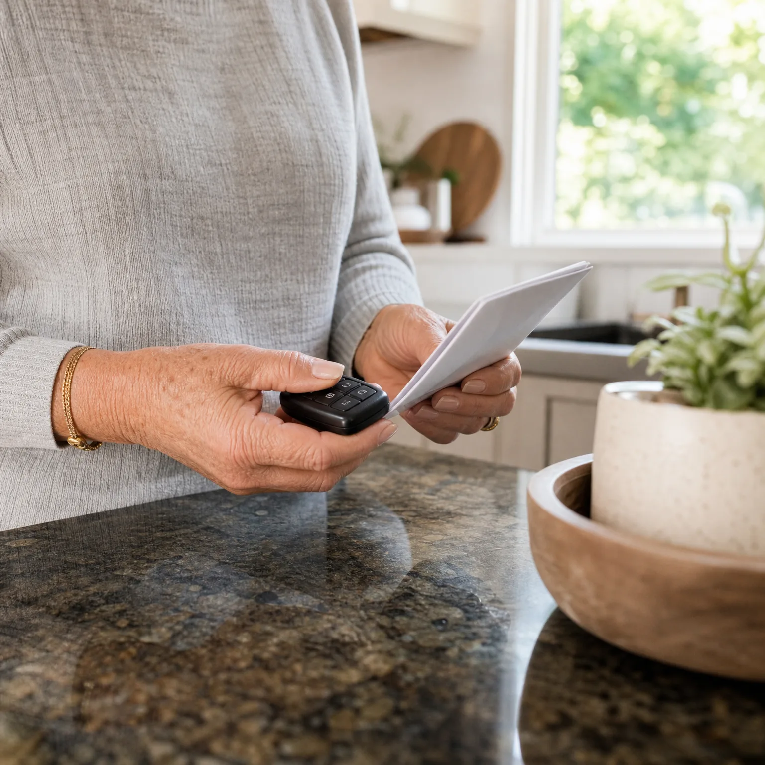 Close-up of a person's hands at a granite kitchen counter, holding a small black remote or key fob and a folded white paper, with a potted plant in a wooden bowl nearby and a window behind.