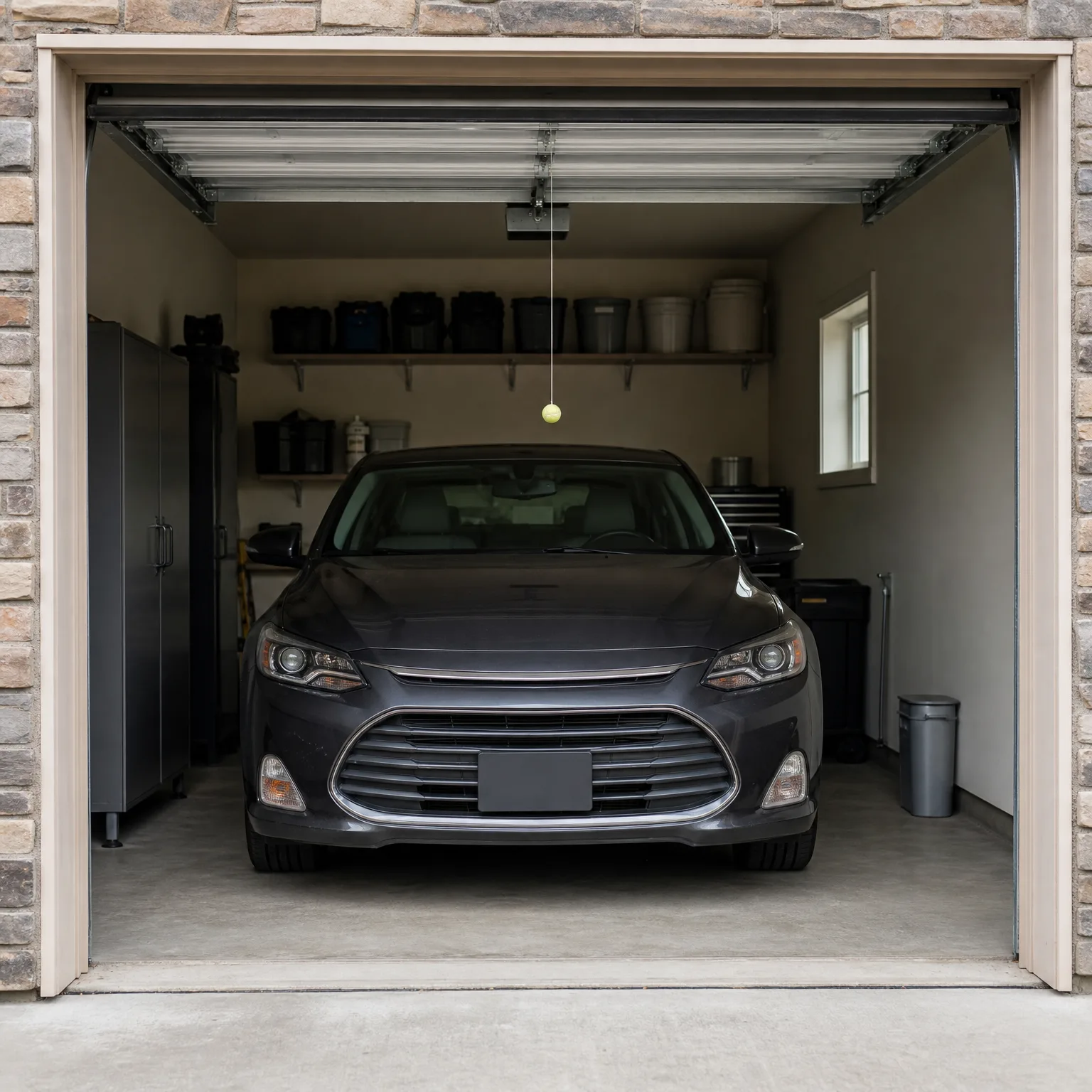 A dark gray sedan parked in an open single-car garage with stone-clad exterior walls, shelving with storage bins, a cabinet, a trash can, and a ball hanging from the ceiling opener.