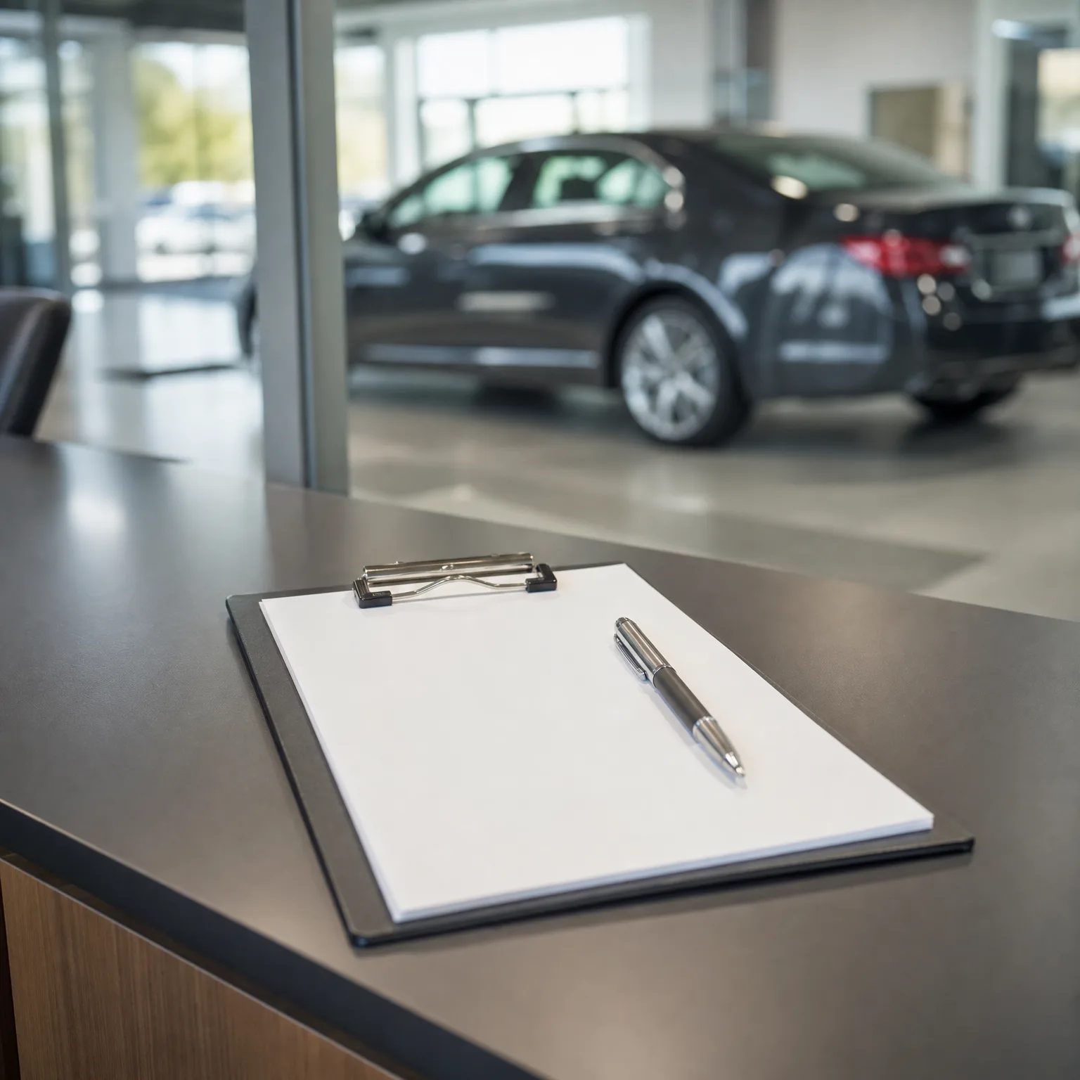 A clipboard with blank white paper and a silver pen rests on a dark countertop, with a blurred dark sedan parked indoors behind a glass partition.