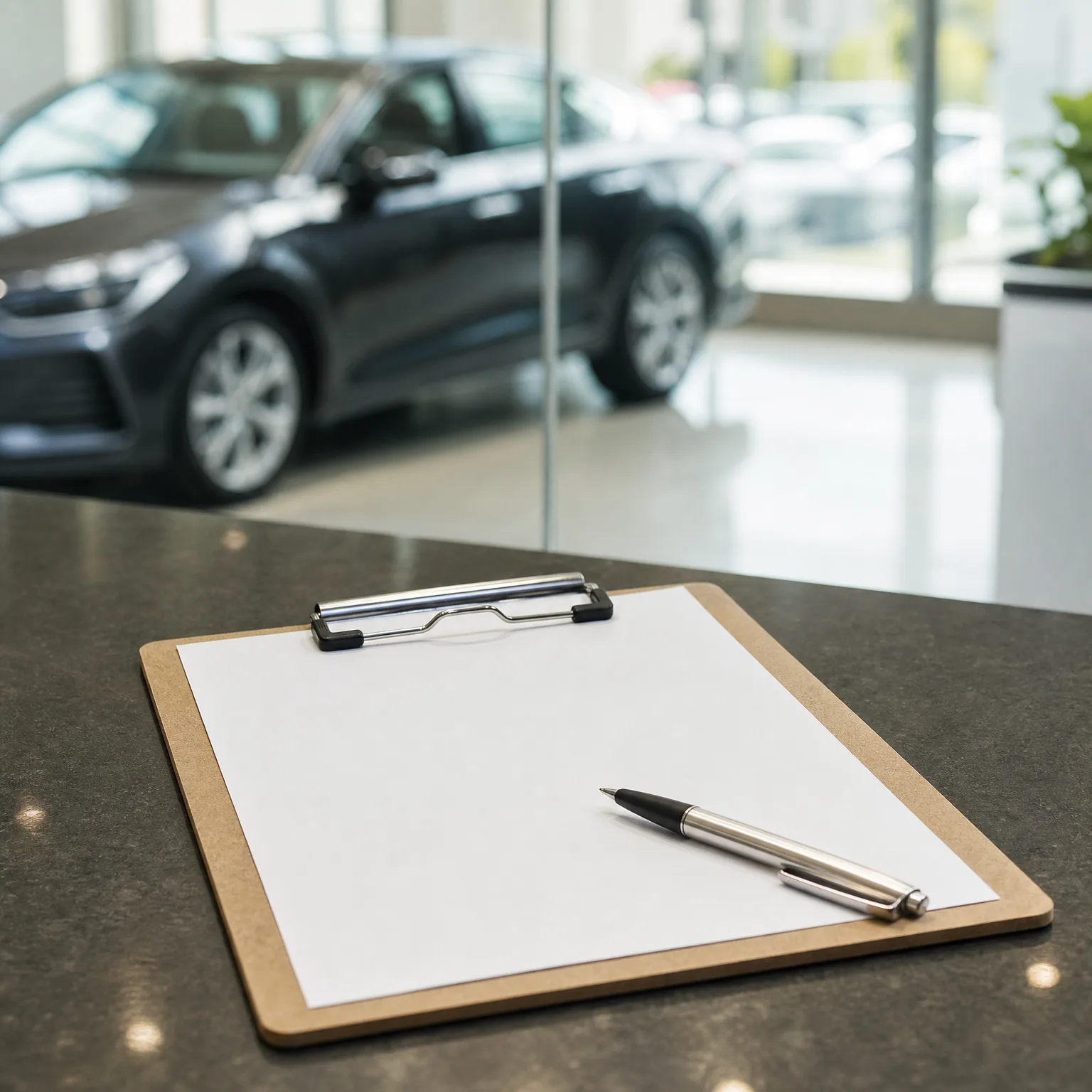 A clipboard with a blank sheet of paper and a silver pen rests on a dark stone counter, with a blurred dark car and glass windows in the background.