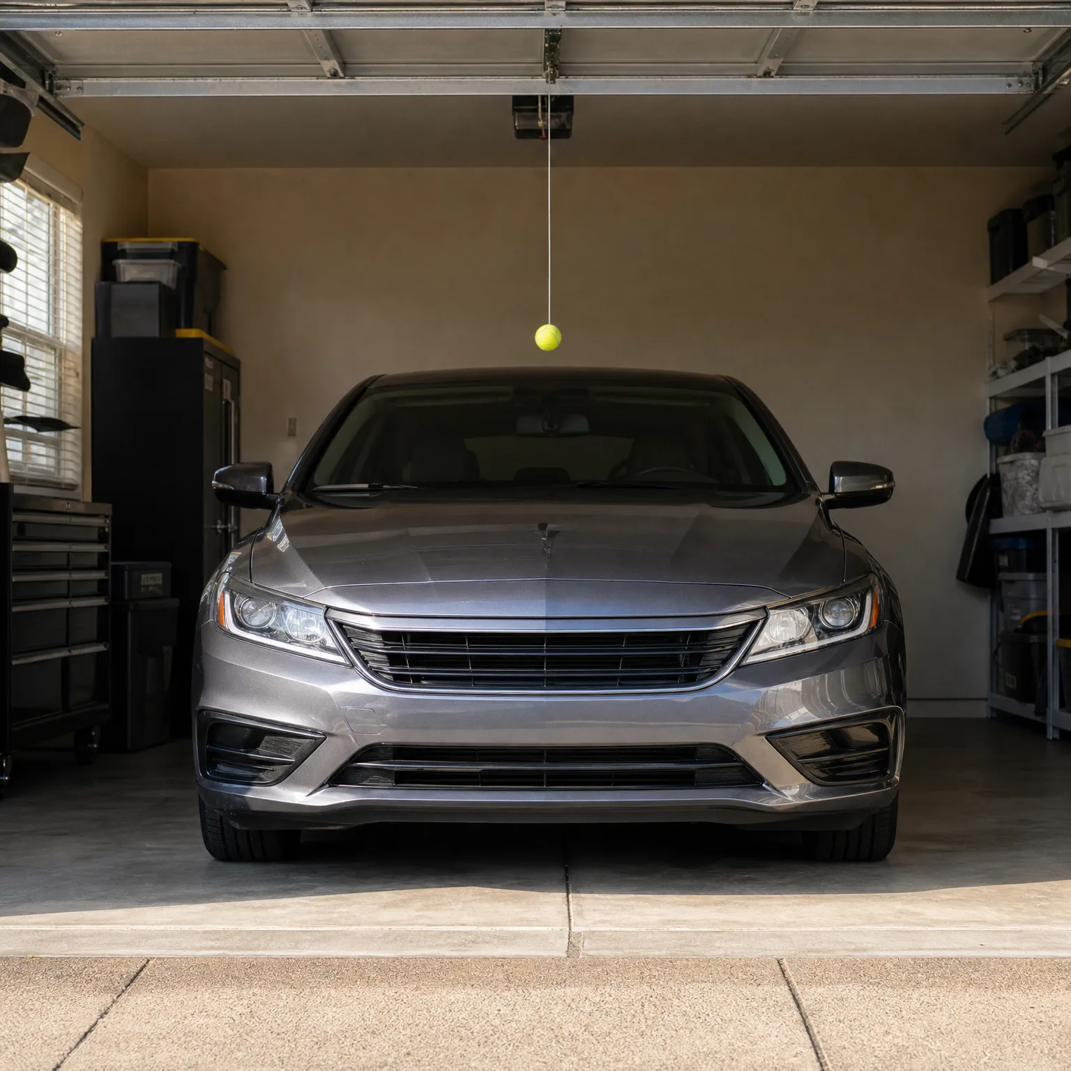 A gray sedan parked inside a garage, facing the open door, with a tennis ball hanging from a string below the ceiling opener and storage shelves and tool cabinets along the side walls.