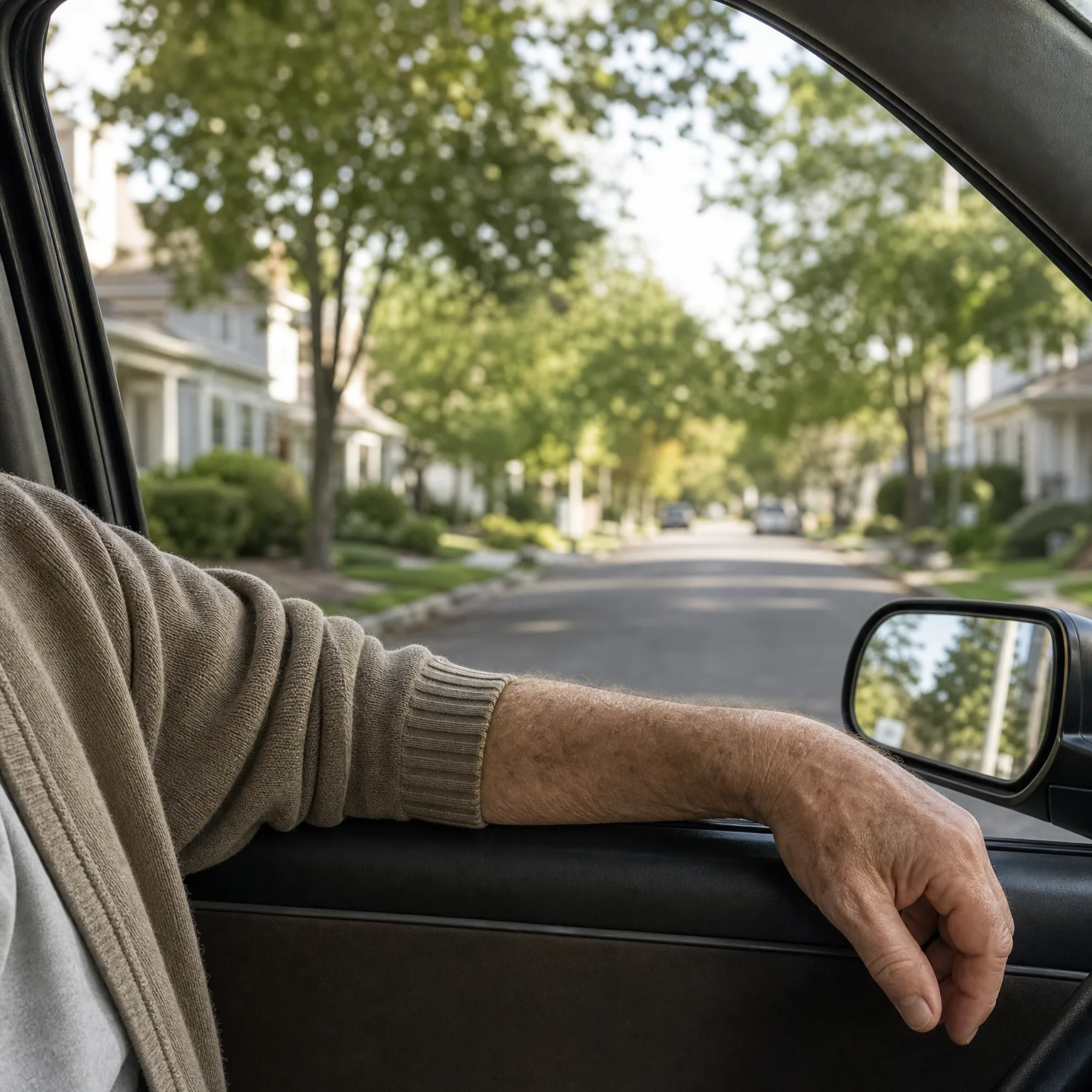 View from inside a car of a person's arm in a beige knit sweater resting on the open driver's-side window sill, with a side mirror and a tree-lined residential street with houses beyond.