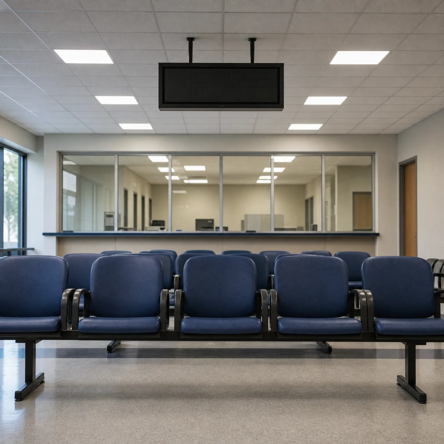Empty waiting room with rows of blue upholstered beam seating facing a glass-fronted service counter, under a suspended ceiling with recessed lights and a hanging dark display screen.