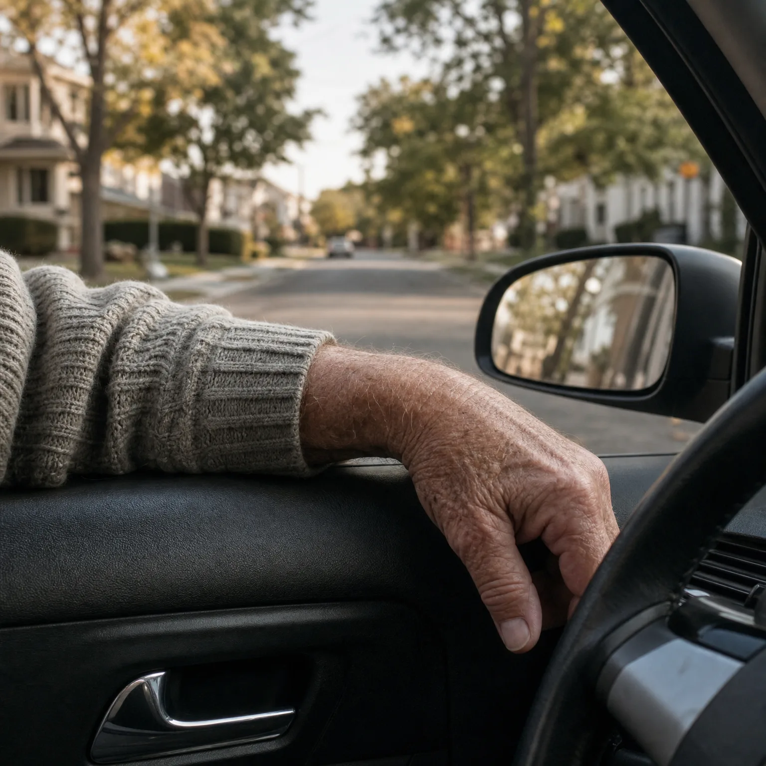 View from inside a parked car of an older person's arm in a gray knit sweater resting on the door sill, with the side mirror, steering wheel, and a tree-lined residential street visible.