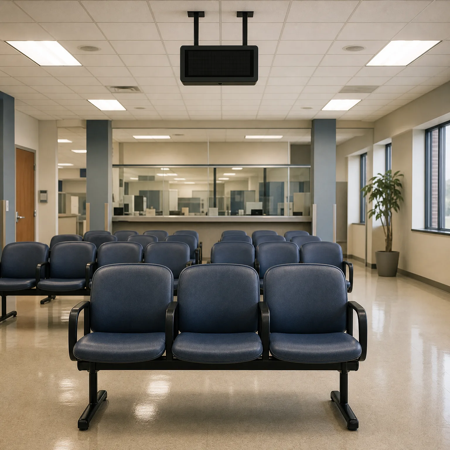 Empty indoor waiting area with rows of dark blue padded chairs on black metal frames, a ceiling-mounted flat display, suspended tile ceiling with light panels, a glass-fronted service counter in the background, and a potted plant near windows on the right.