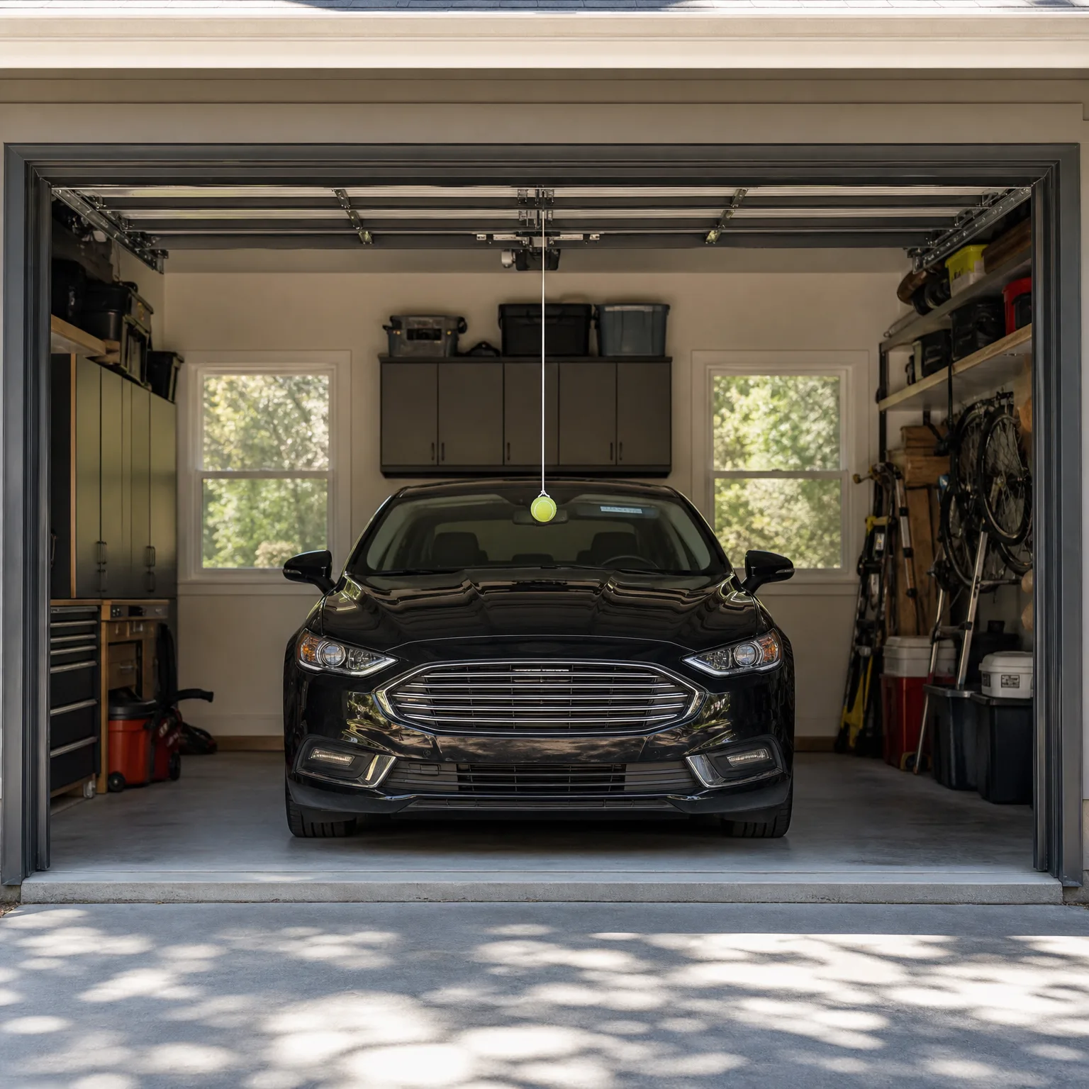 A black sedan parked inside an open two-car garage with overhead storage cabinets, shelving, bicycles and bins along the walls, and a tennis ball hanging from a string near the windshield.