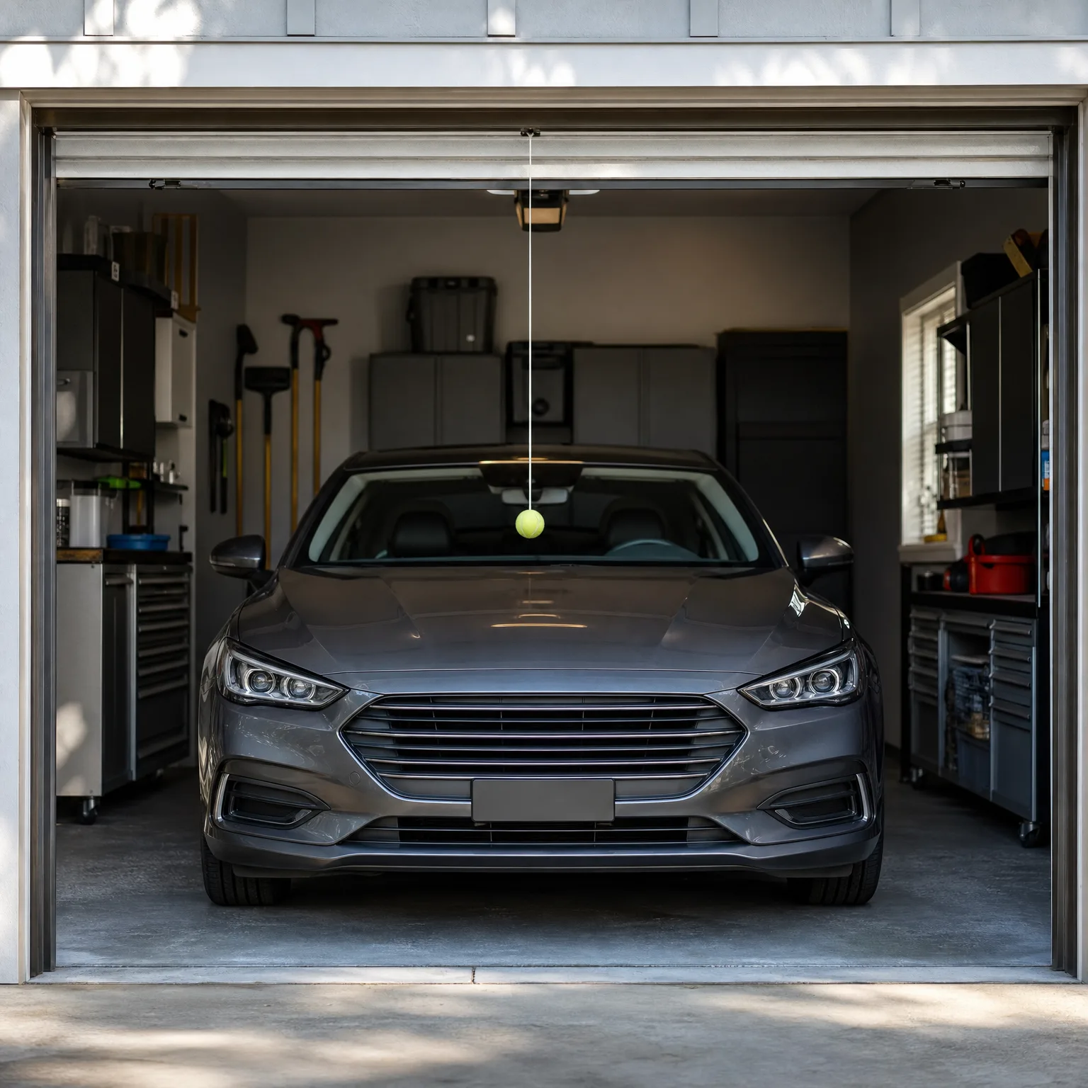 A gray sedan parked inside an open garage with storage cabinets, tool chests and hanging yard tools along the walls, and a tennis ball suspended from a string near the windshield.
